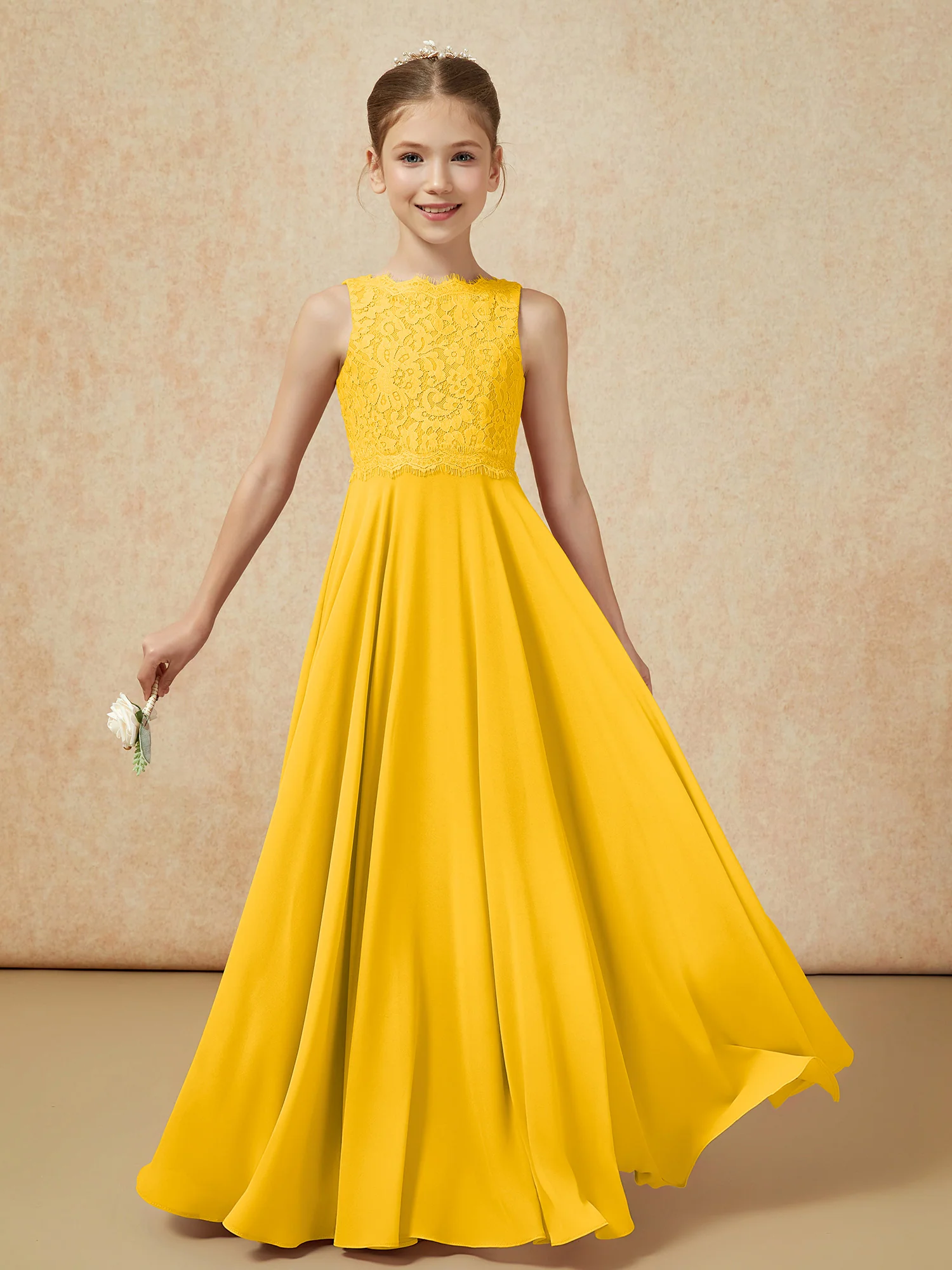 Bateau A-line Floor-length Chiffon Junior Bridesmaid Dress Marigold - Image 5