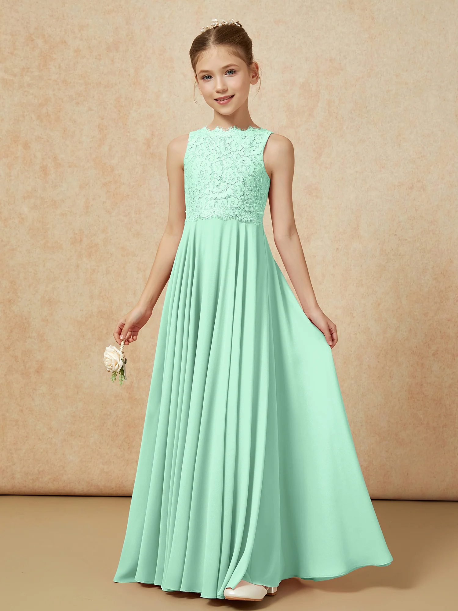 Bateau A-line Floor-length Chiffon Junior Bridesmaid Dress Mint Green - Image 3