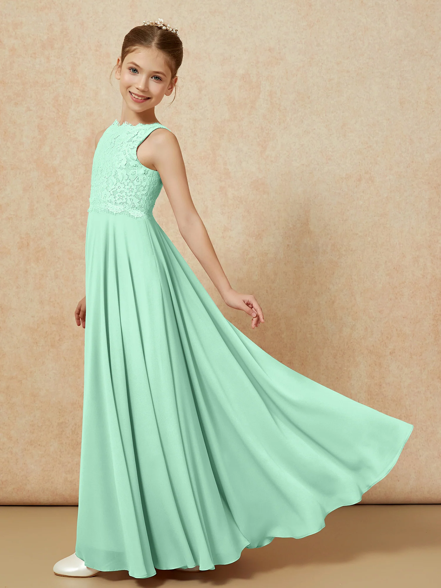 Bateau A-line Floor-length Chiffon Junior Bridesmaid Dress Mint Green - Image 4