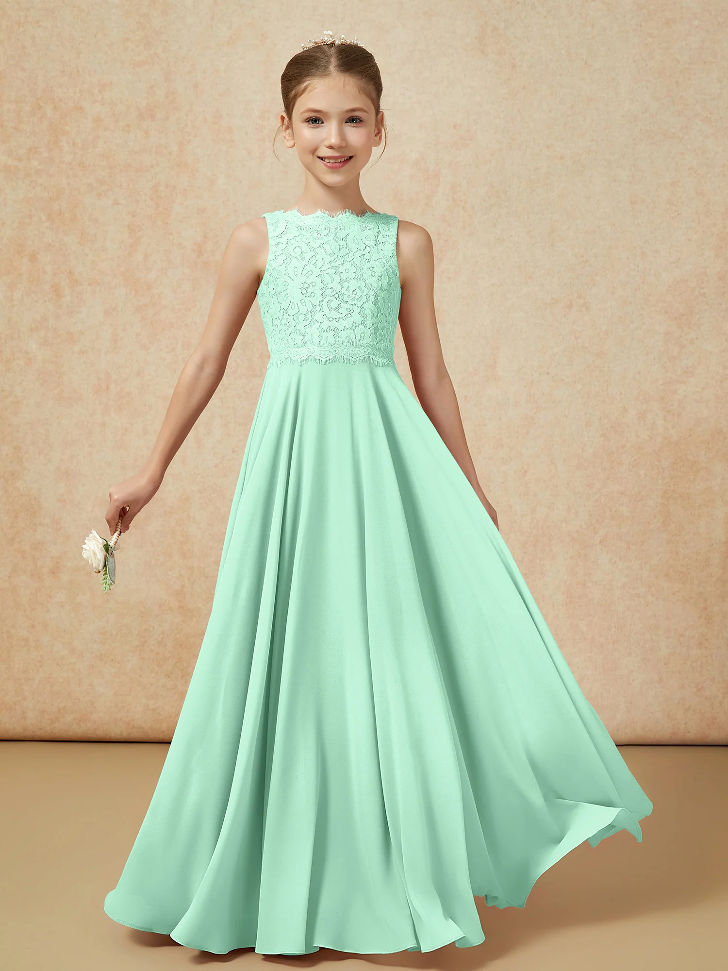 Bateau A-line Floor-length Chiffon Junior Bridesmaid Dress Mint Green - Image 5