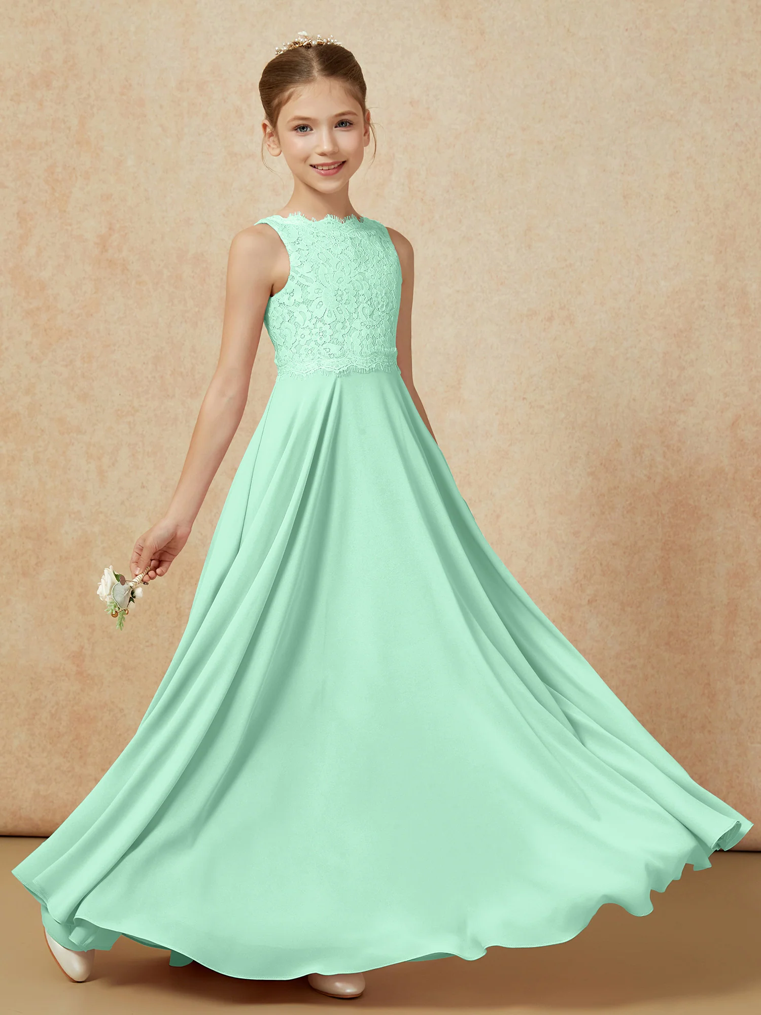 Bateau A-line Floor-length Chiffon Junior Bridesmaid Dress Mint Green - Image 6