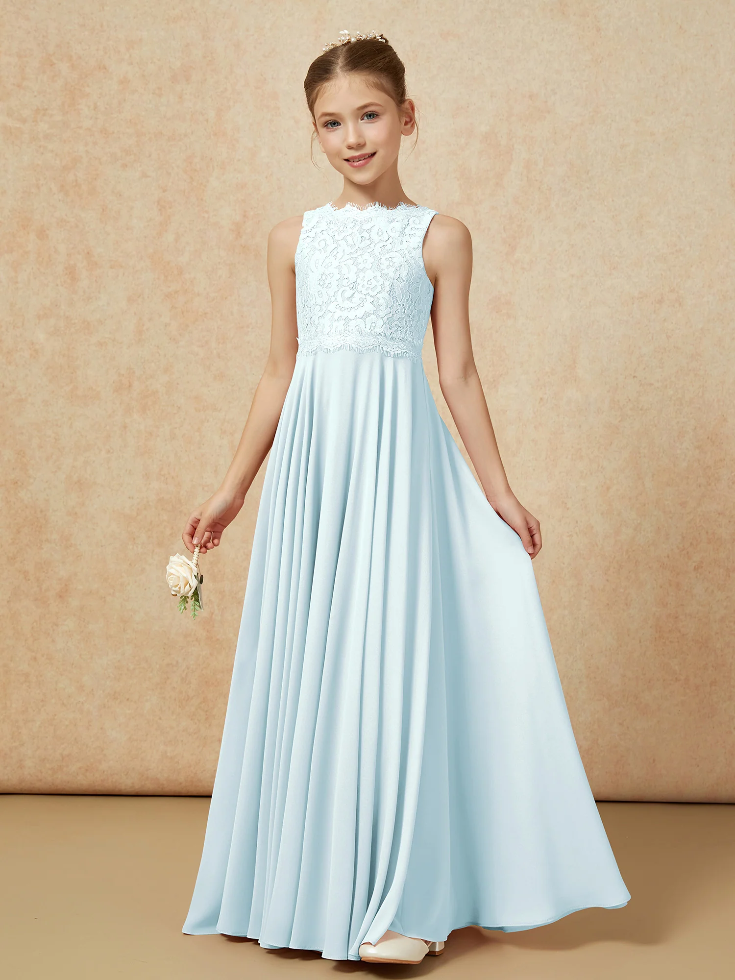 Bateau A-line Floor-length Chiffon Junior Bridesmaid Dress Mist - Image 3