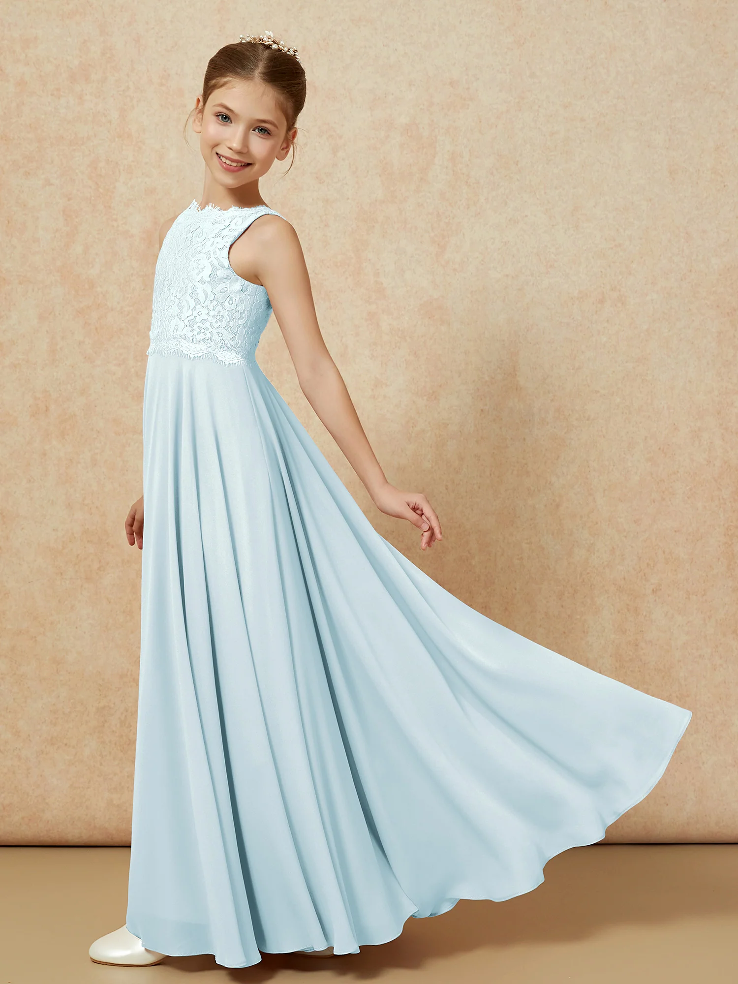 Bateau A-line Floor-length Chiffon Junior Bridesmaid Dress Mist - Image 4