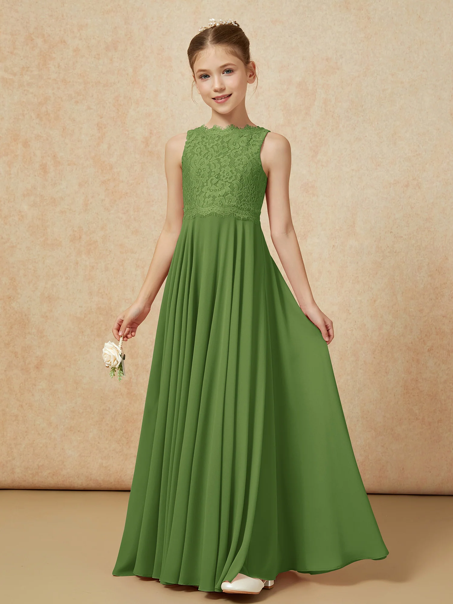 Bateau A-line Floor-length Chiffon Junior Bridesmaid Dress Moss - Image 3