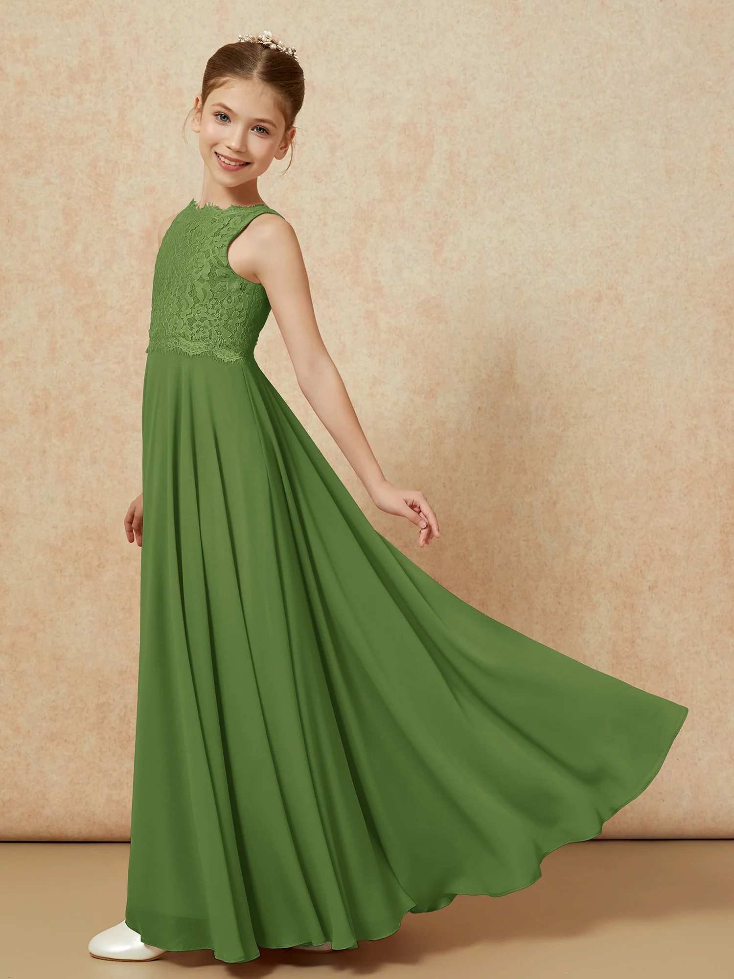 Bateau A-line Floor-length Chiffon Junior Bridesmaid Dress Moss - Image 4