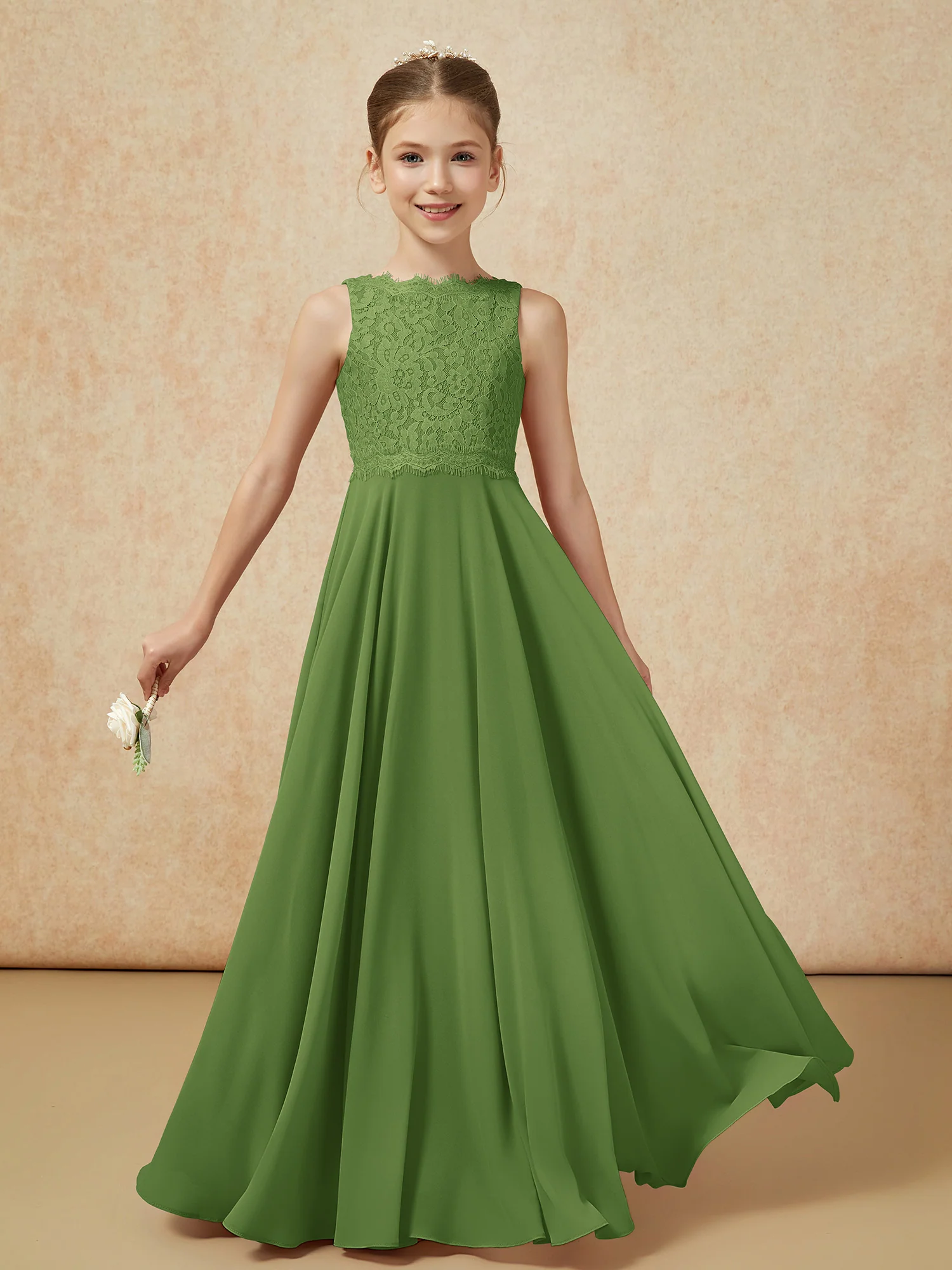 Bateau A-line Floor-length Chiffon Junior Bridesmaid Dress Moss - Image 5