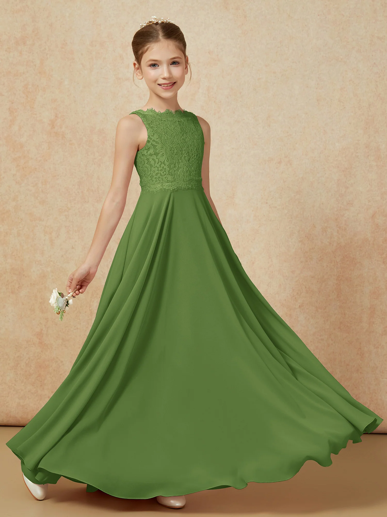 Bateau A-line Floor-length Chiffon Junior Bridesmaid Dress Moss - Image 6