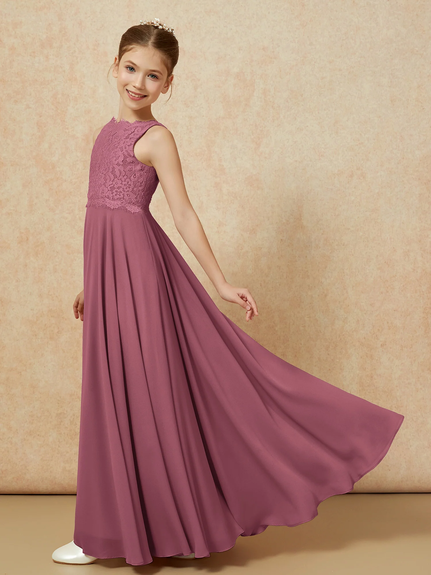 Bateau A-line Floor-length Chiffon Junior Bridesmaid Dress Mulberry - Image 4