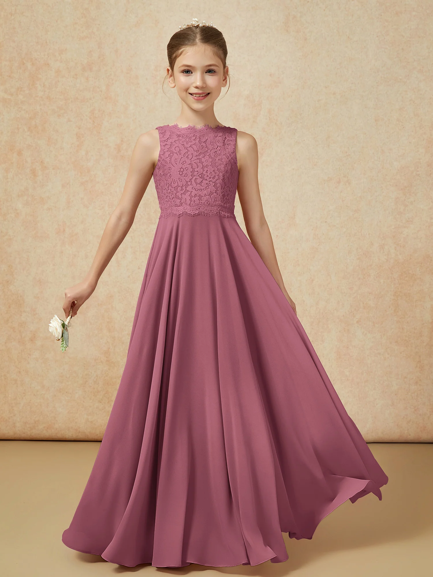 Bateau A-line Floor-length Chiffon Junior Bridesmaid Dress Mulberry - Image 5