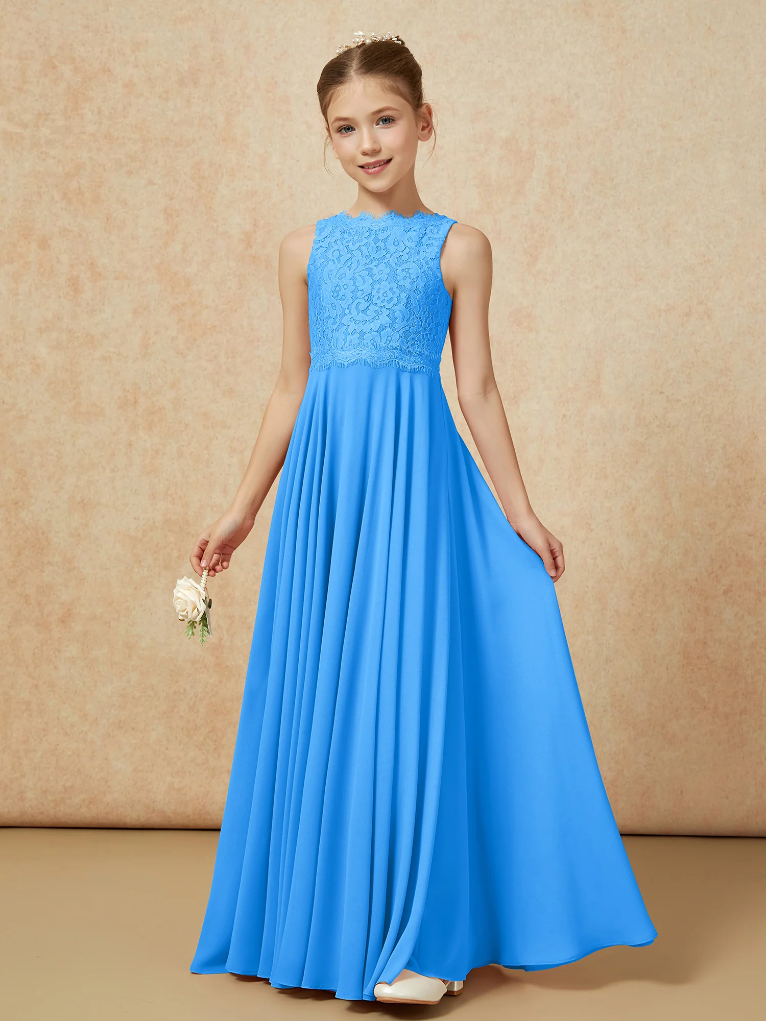 Bateau A-line Floor-length Chiffon Junior Bridesmaid Dress Ocean Blue - Image 3