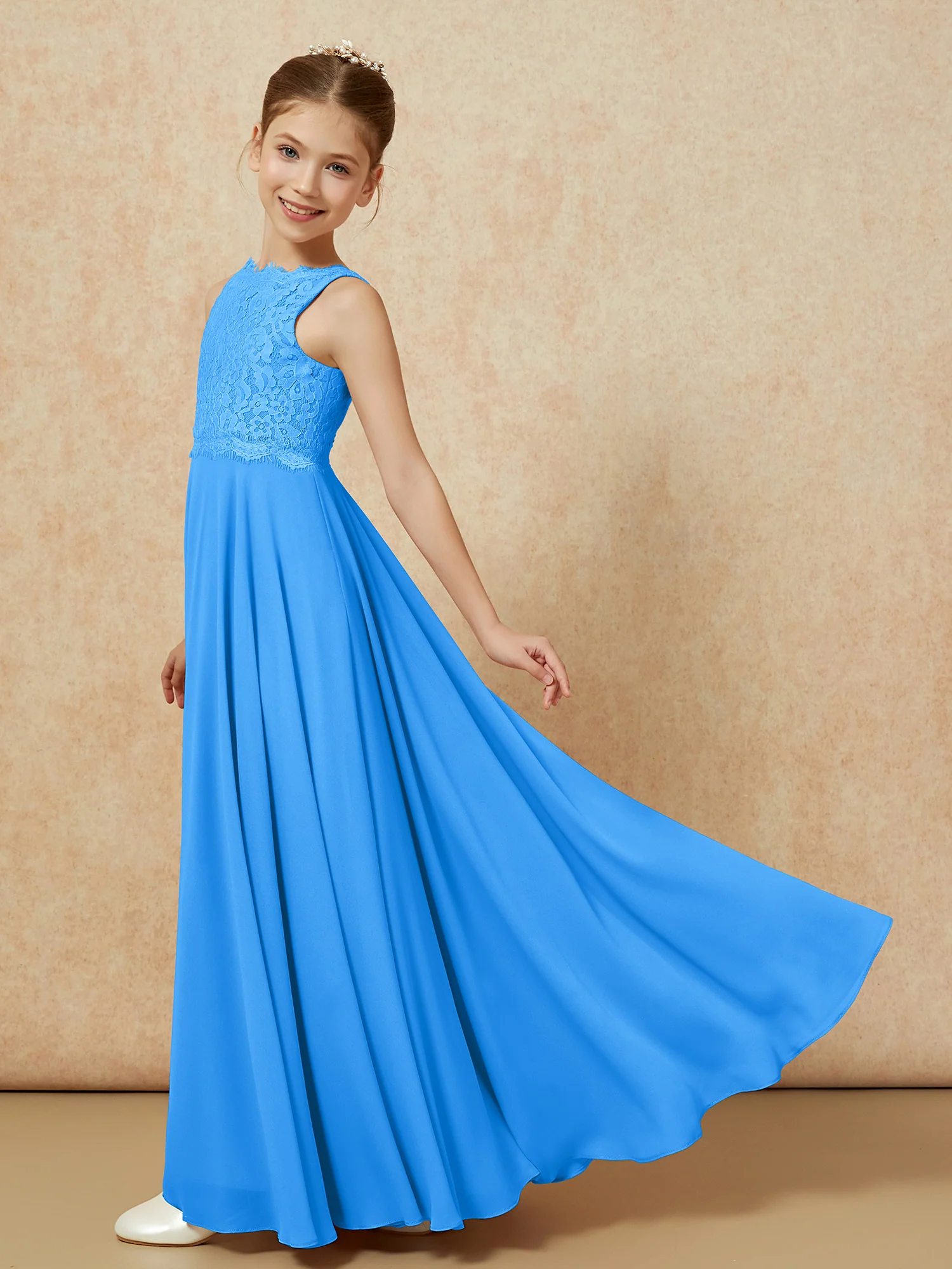 Bateau A-line Floor-length Chiffon Junior Bridesmaid Dress Ocean Blue - Image 4
