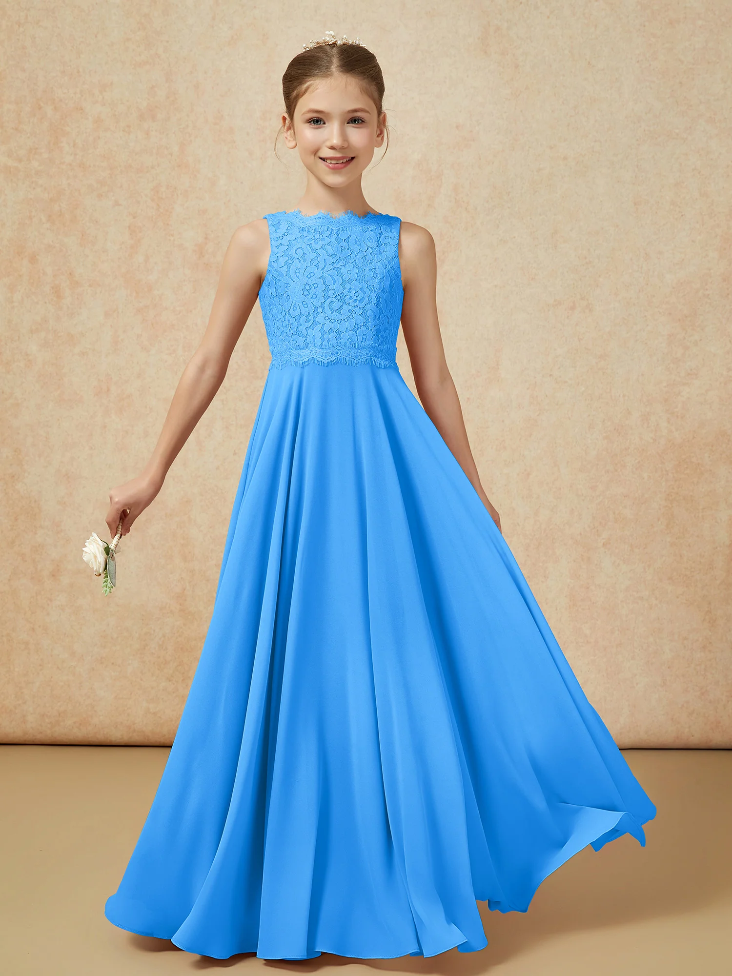 Bateau A-line Floor-length Chiffon Junior Bridesmaid Dress Ocean Blue - Image 5