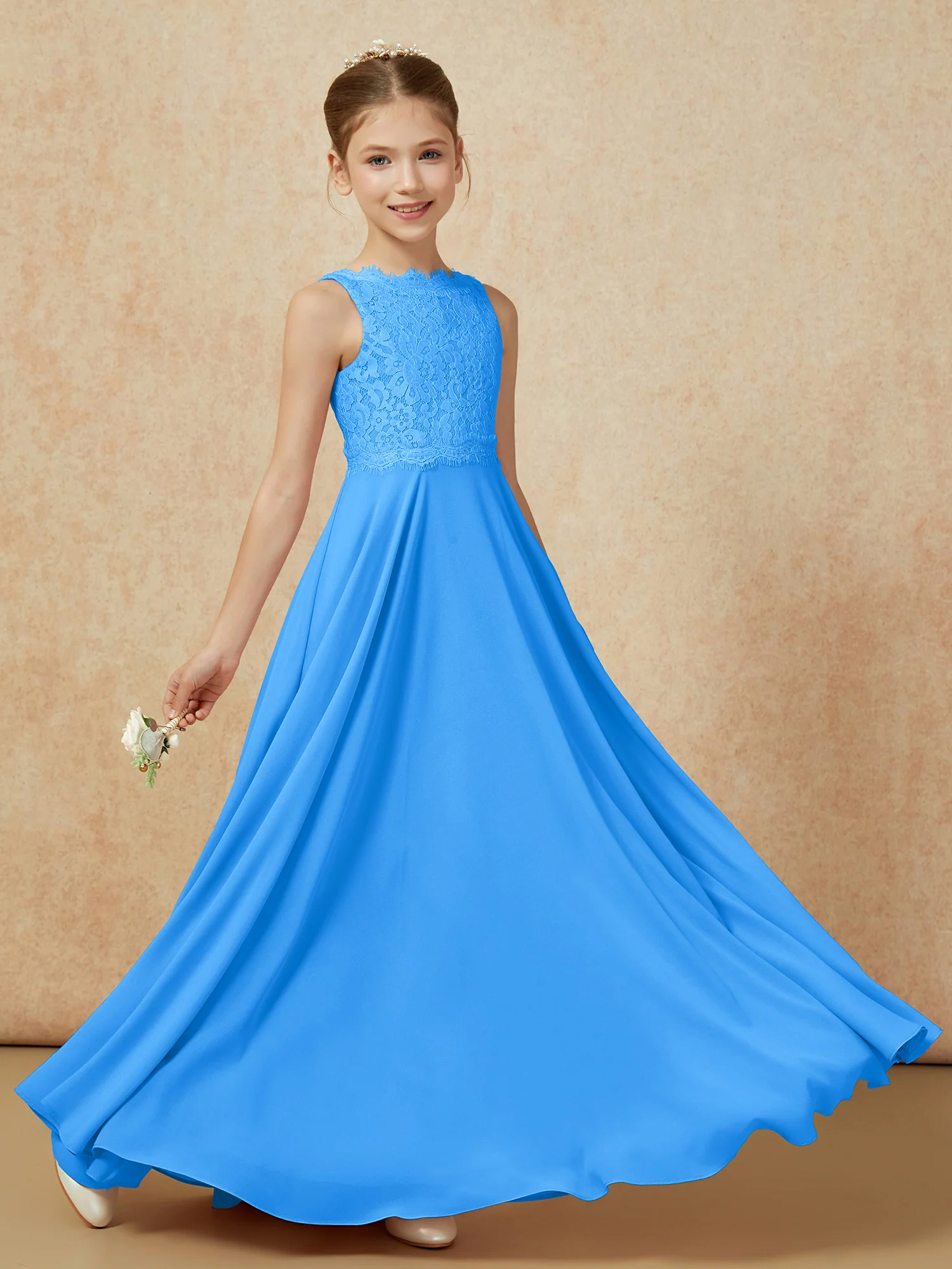 Bateau A-line Floor-length Chiffon Junior Bridesmaid Dress Ocean Blue - Image 6