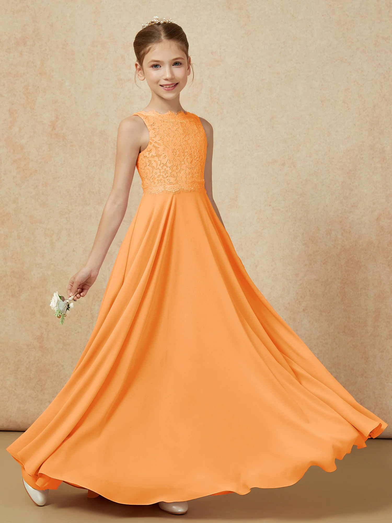 Bateau A-line Floor-length Chiffon Junior Bridesmaid Dress Orange - Image 6