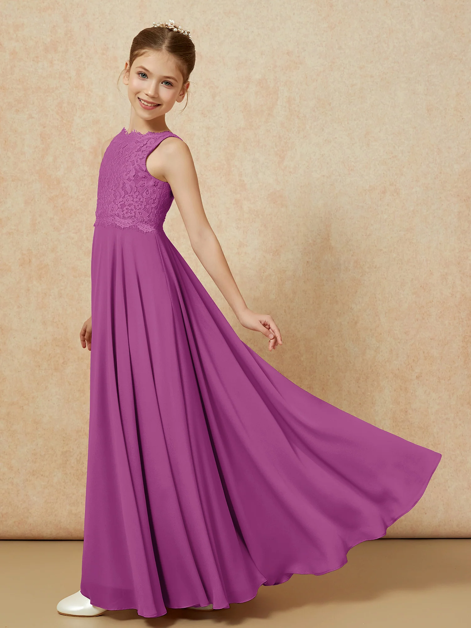 Bateau A-line Floor-length Chiffon Junior Bridesmaid Dress Orchid - Image 4