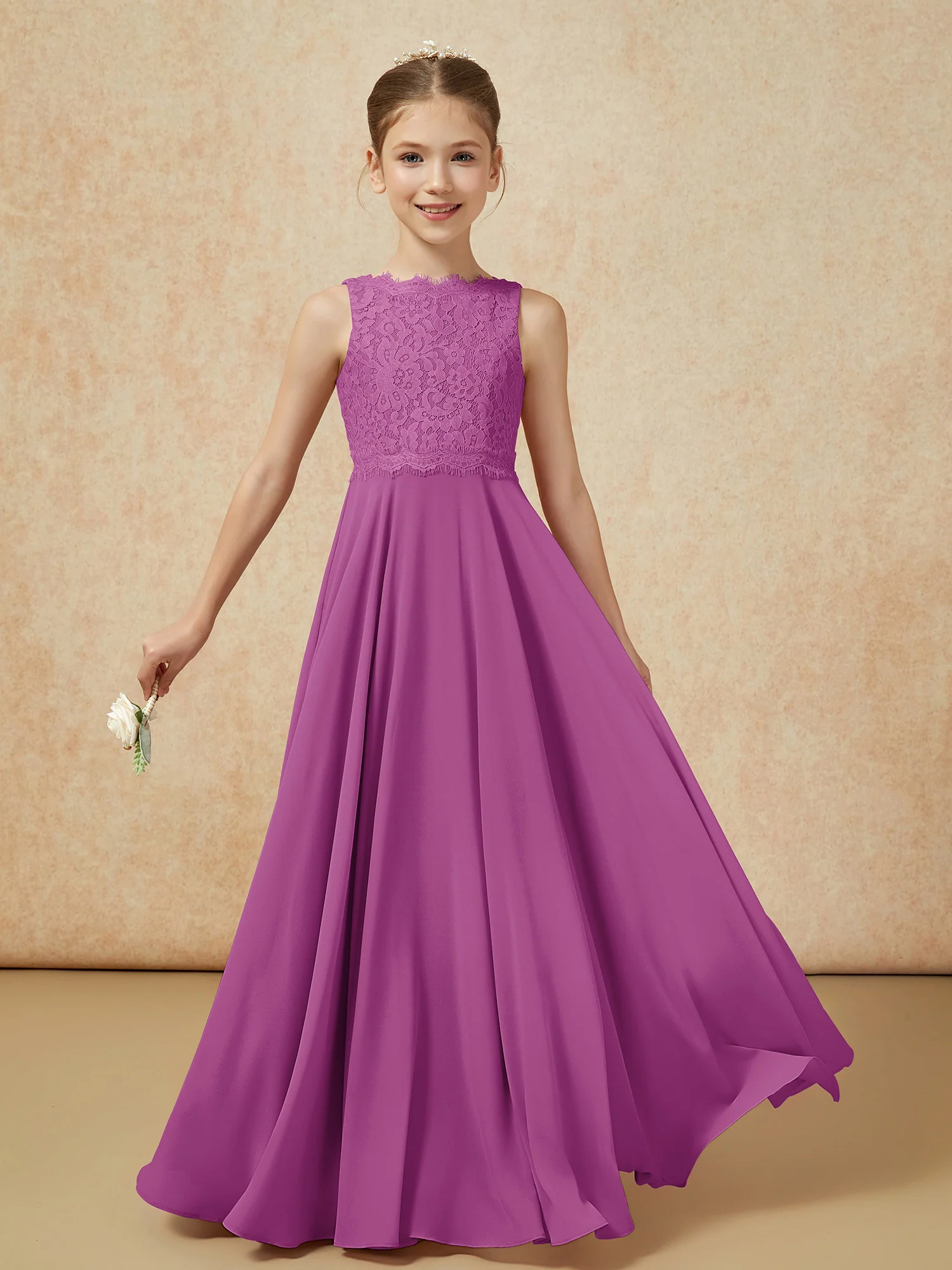 Bateau A-line Floor-length Chiffon Junior Bridesmaid Dress Orchid - Image 5