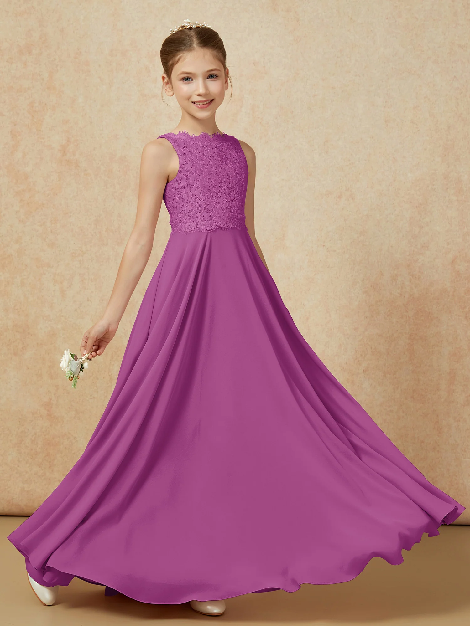 Bateau A-line Floor-length Chiffon Junior Bridesmaid Dress Orchid - Image 6