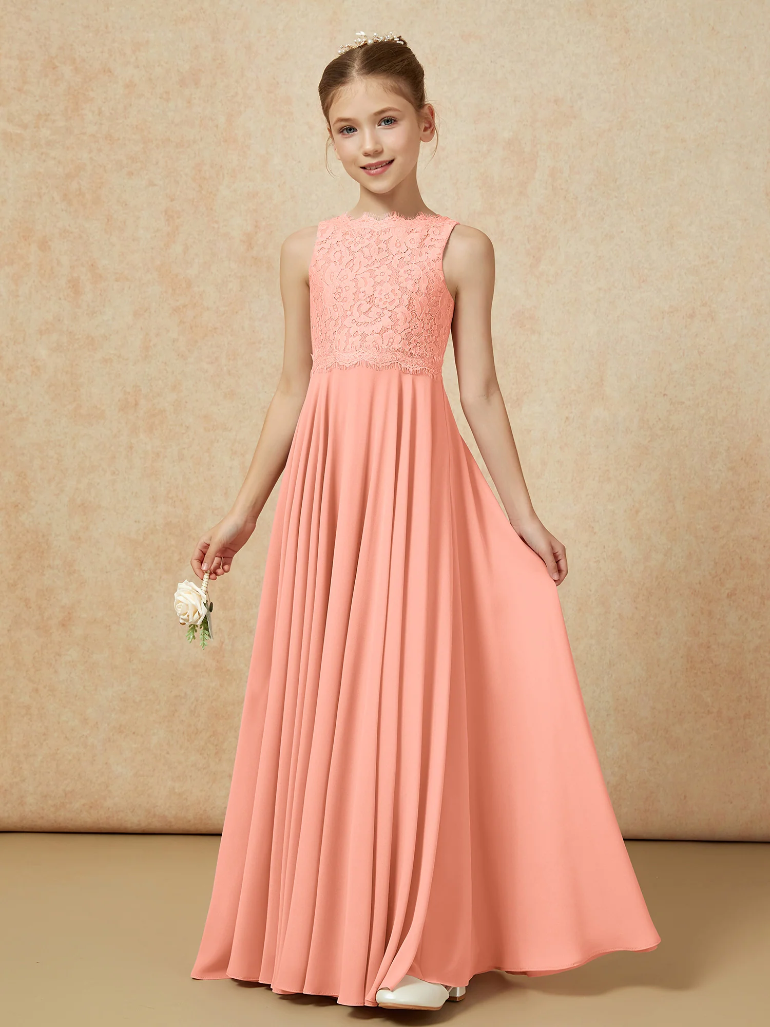 Bateau A-line Floor-length Chiffon Junior Bridesmaid Dress Papaya - Image 3