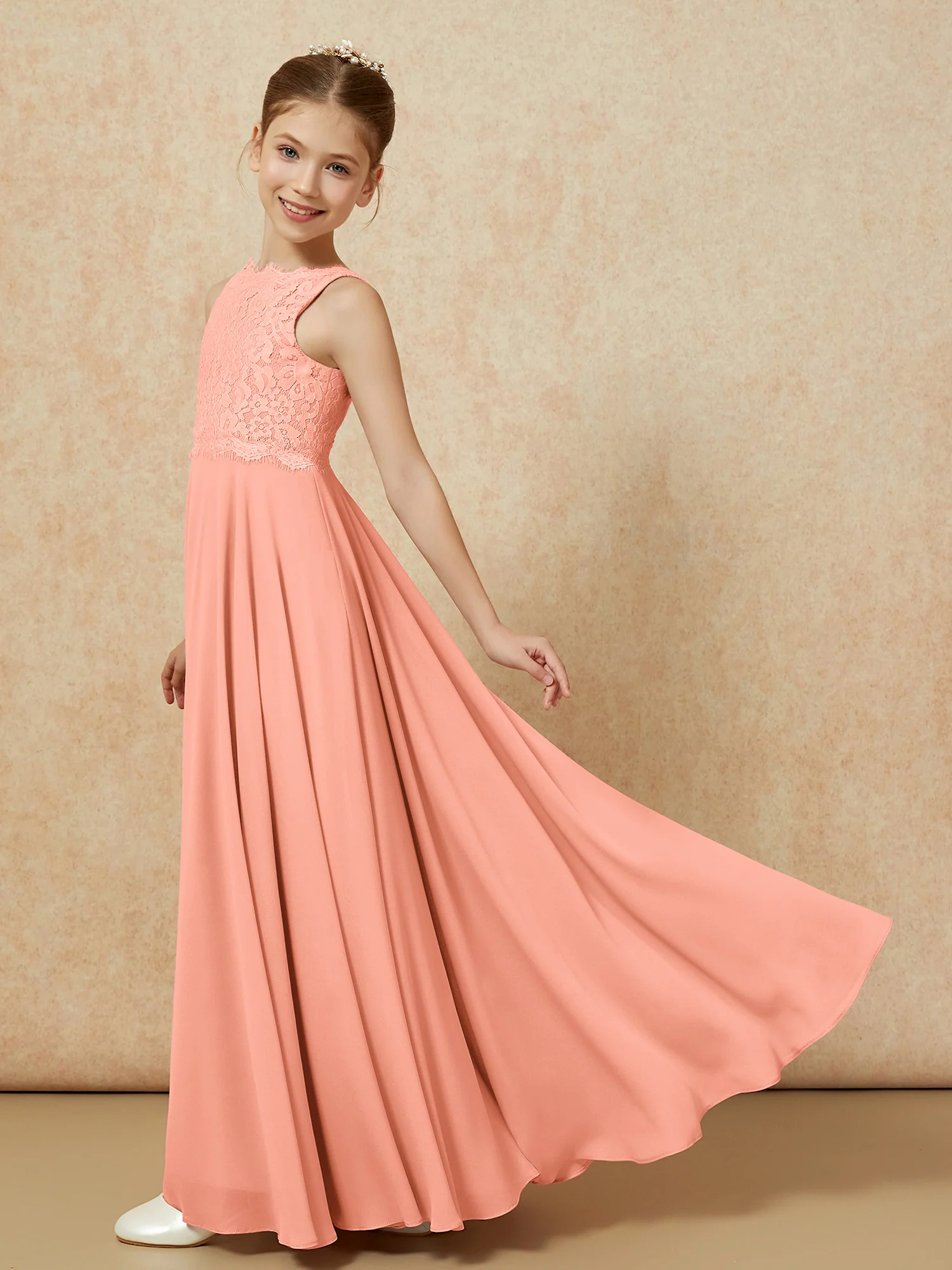 Bateau A-line Floor-length Chiffon Junior Bridesmaid Dress Papaya - Image 4