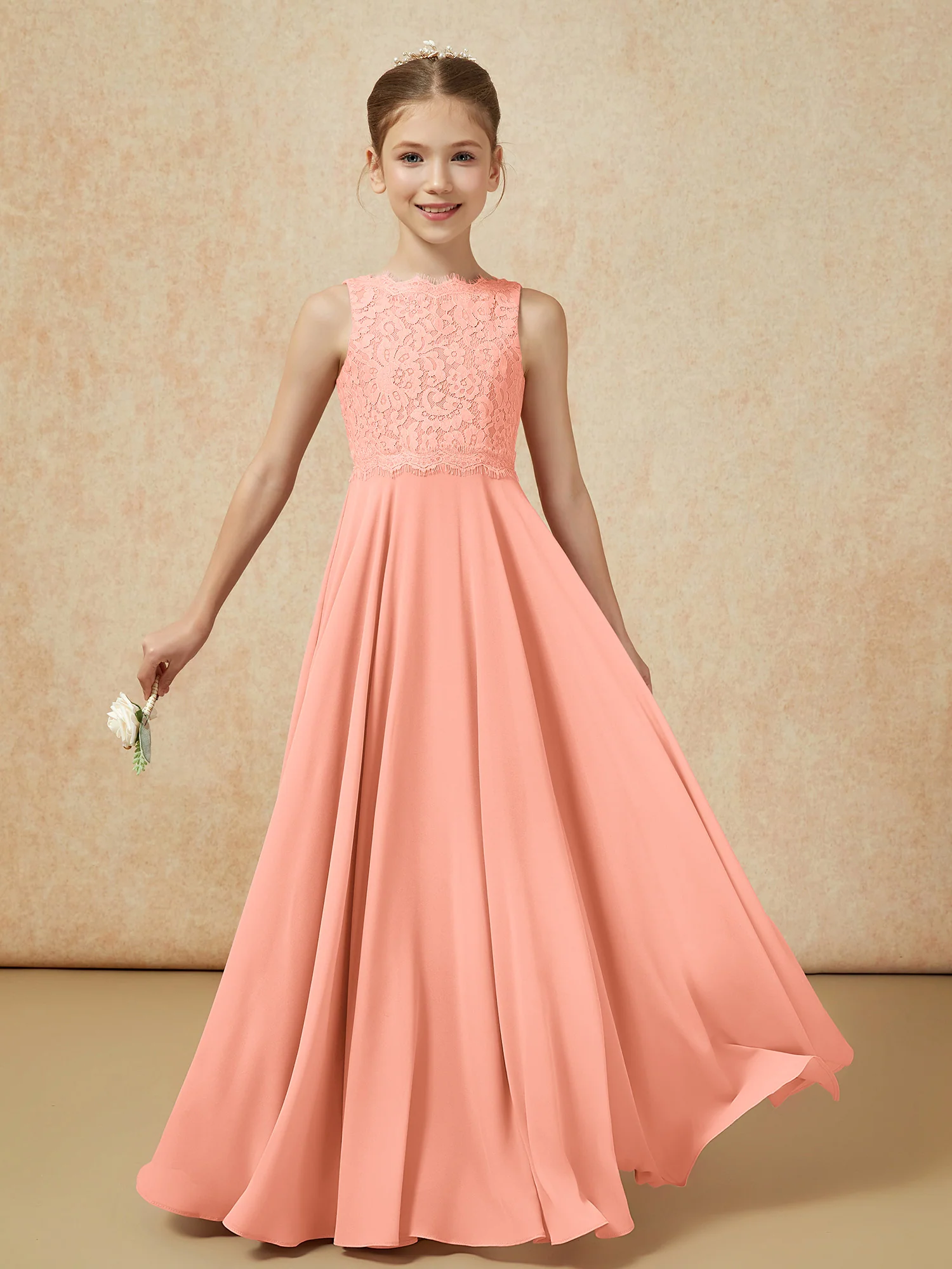 Bateau A-line Floor-length Chiffon Junior Bridesmaid Dress Papaya - Image 5
