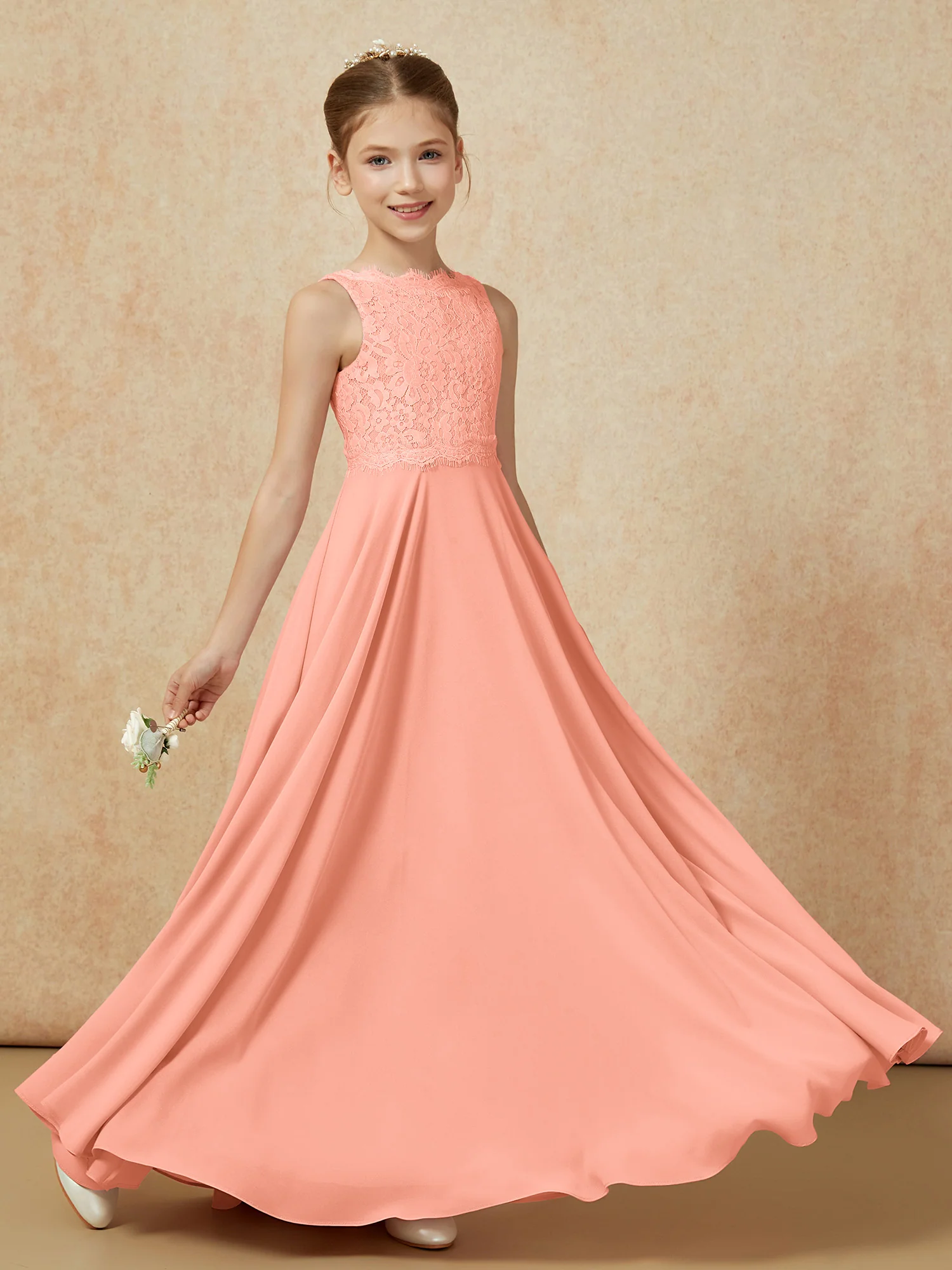 Bateau A-line Floor-length Chiffon Junior Bridesmaid Dress Papaya - Image 6