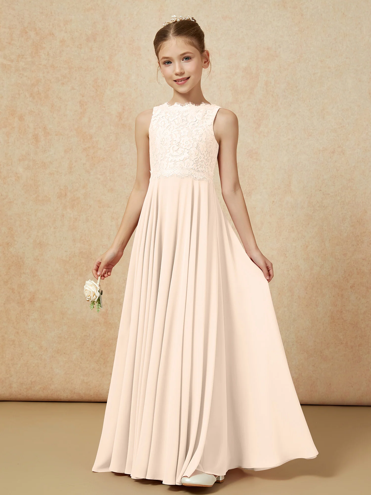 Bateau A-line Floor-length Chiffon Junior Bridesmaid Dress Peach - Image 3