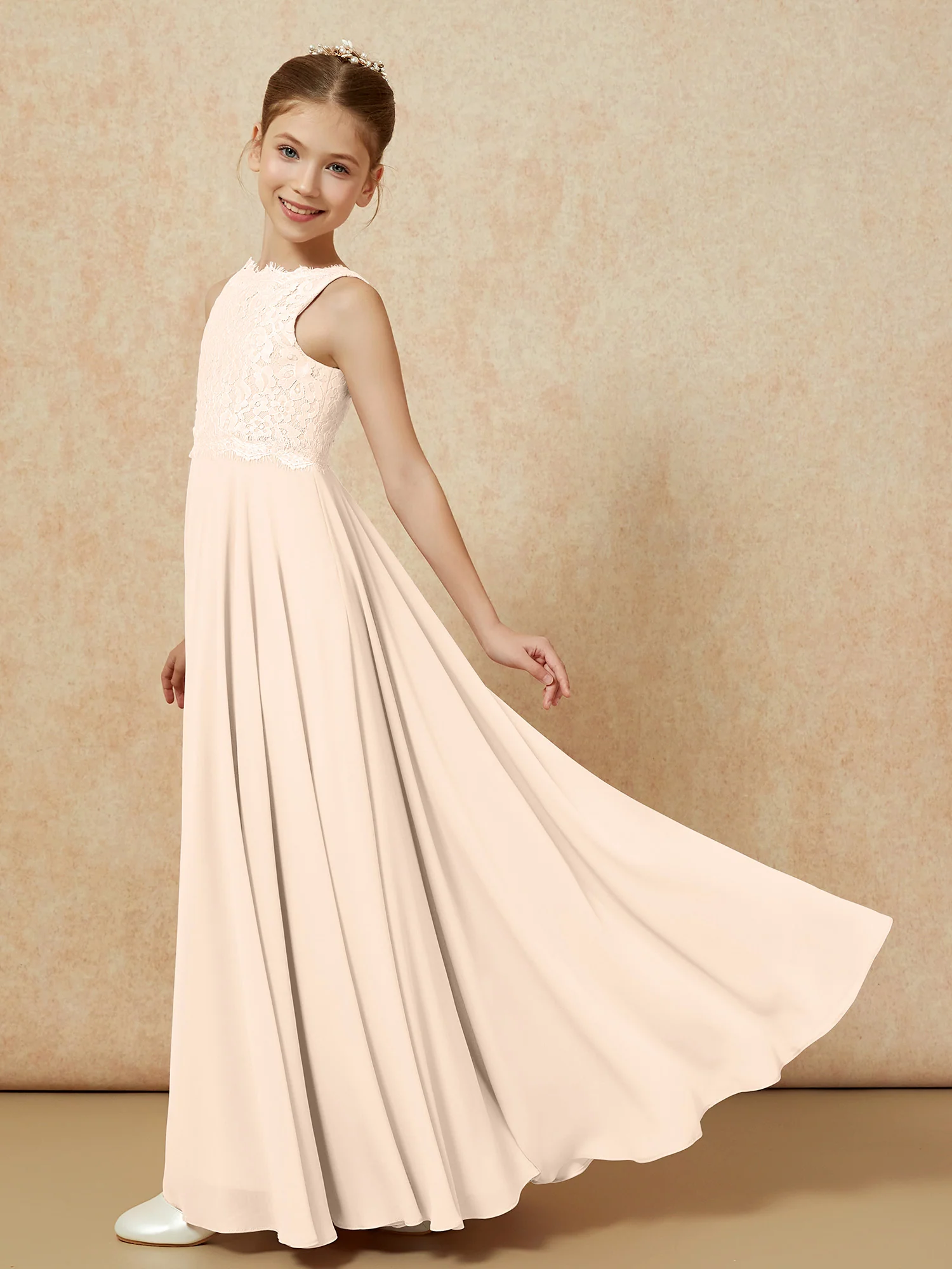 Bateau A-line Floor-length Chiffon Junior Bridesmaid Dress Peach - Image 4