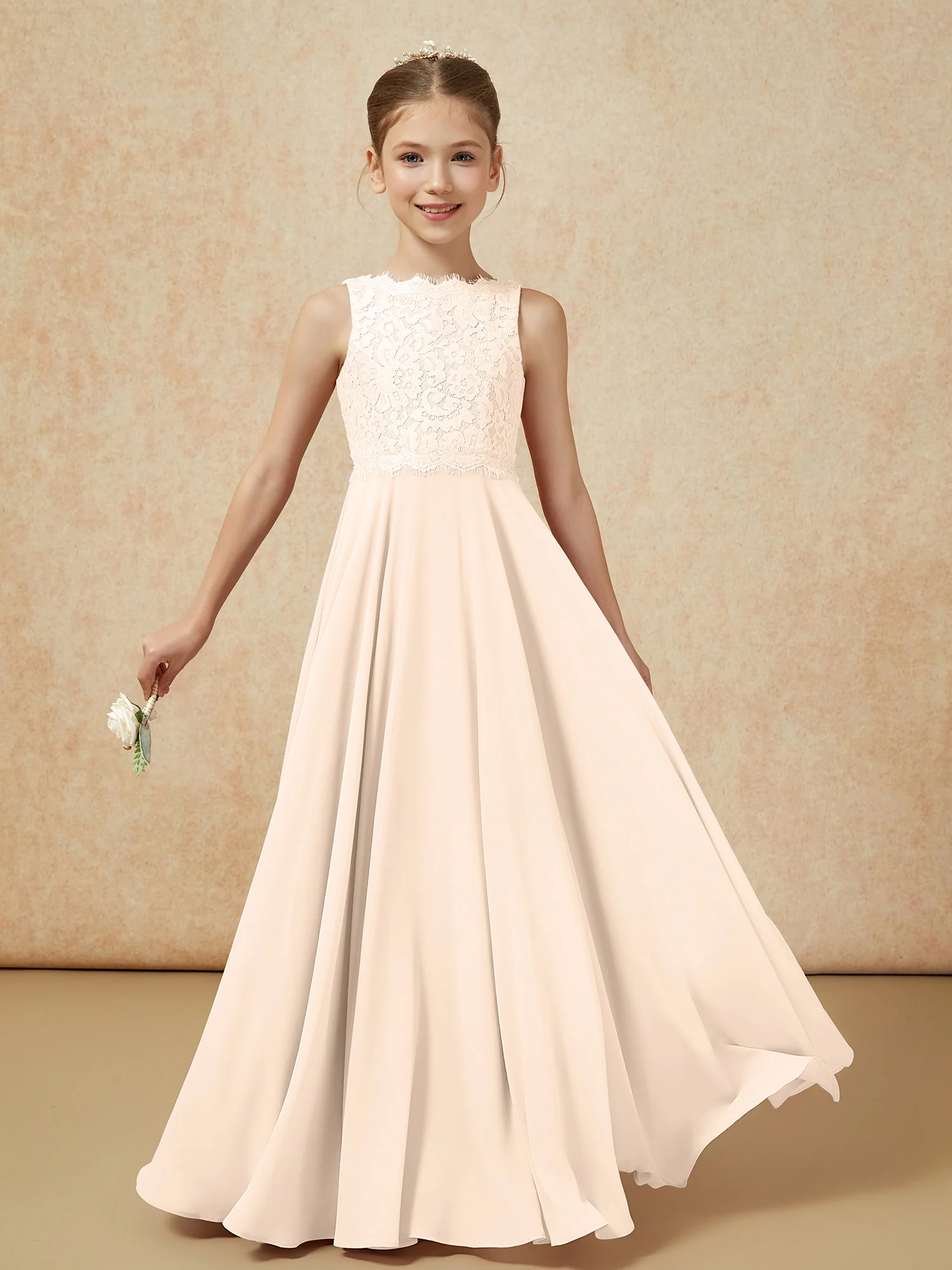 Bateau A-line Floor-length Chiffon Junior Bridesmaid Dress Peach - Image 5