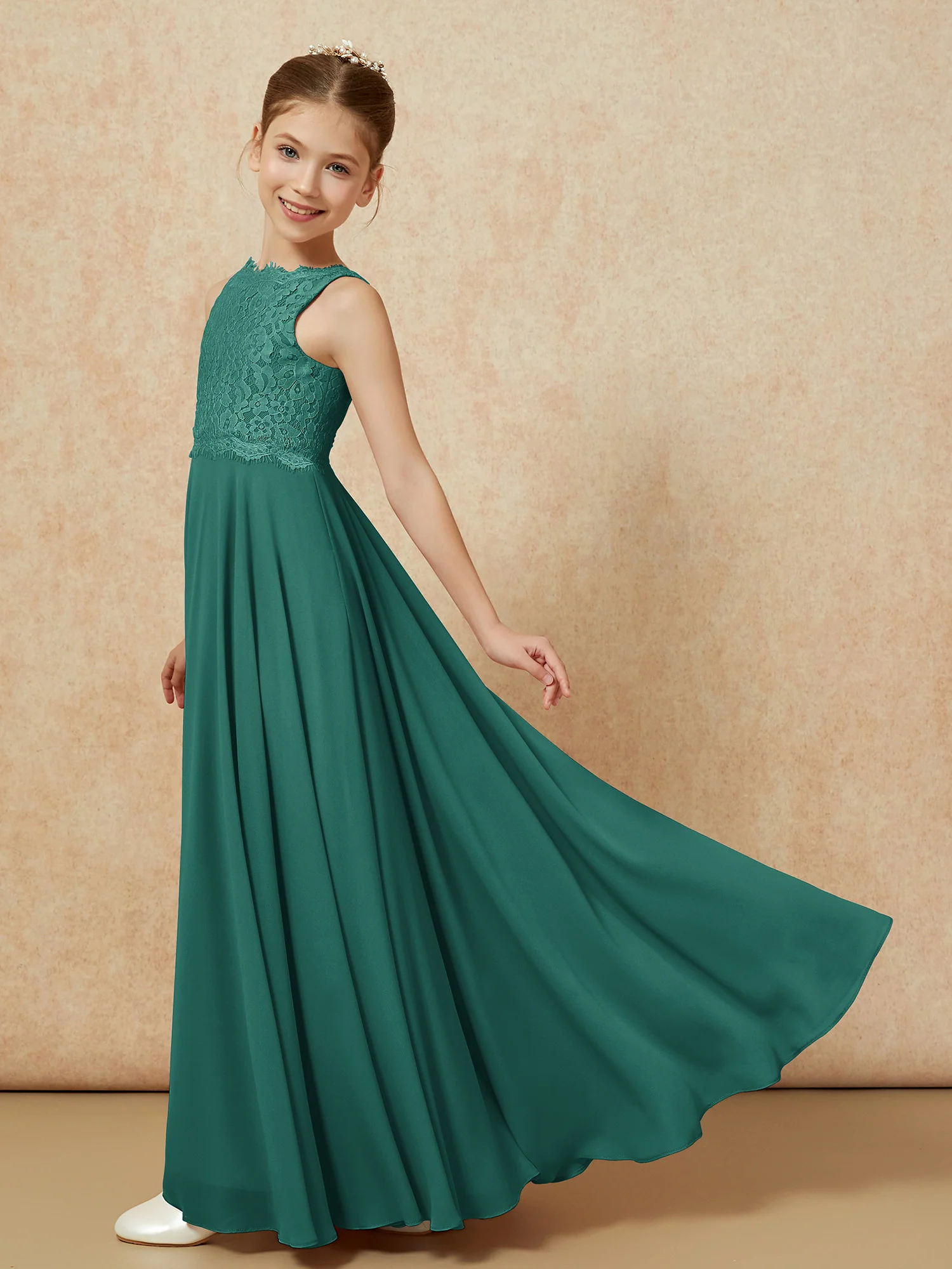 Bateau A-line Floor-length Chiffon Junior Bridesmaid Dress Peacock - Image 4