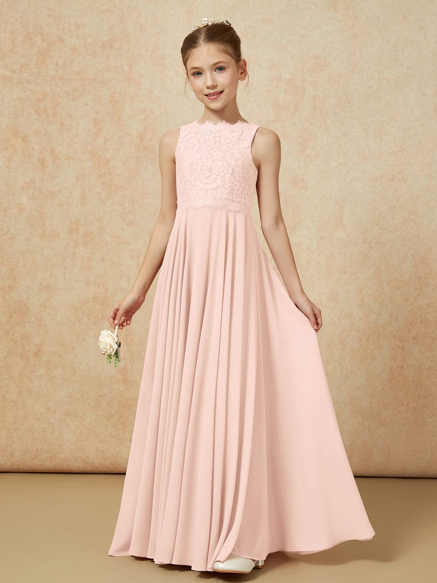 Bateau A-line Floor-length Chiffon Junior Bridesmaid Dress Pearl Pink - Image 3