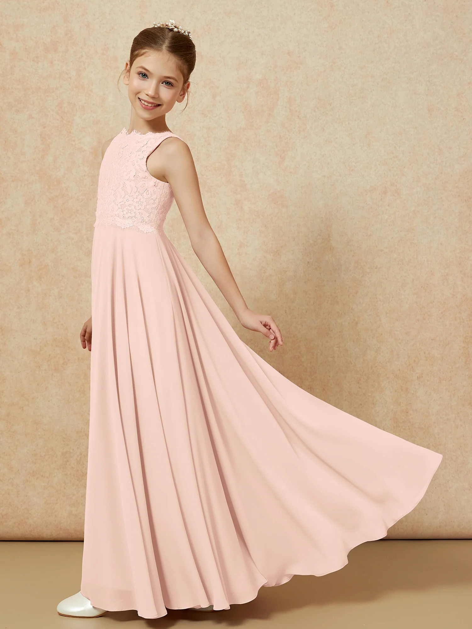Bateau A-line Floor-length Chiffon Junior Bridesmaid Dress Pearl Pink - Image 4