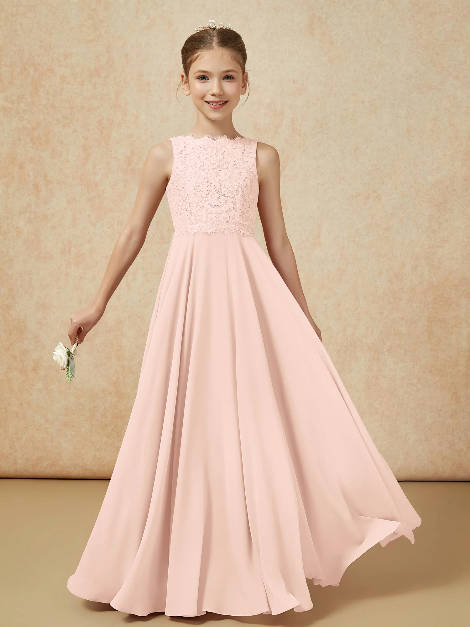 Bateau A-line Floor-length Chiffon Junior Bridesmaid Dress Pearl Pink - Image 5