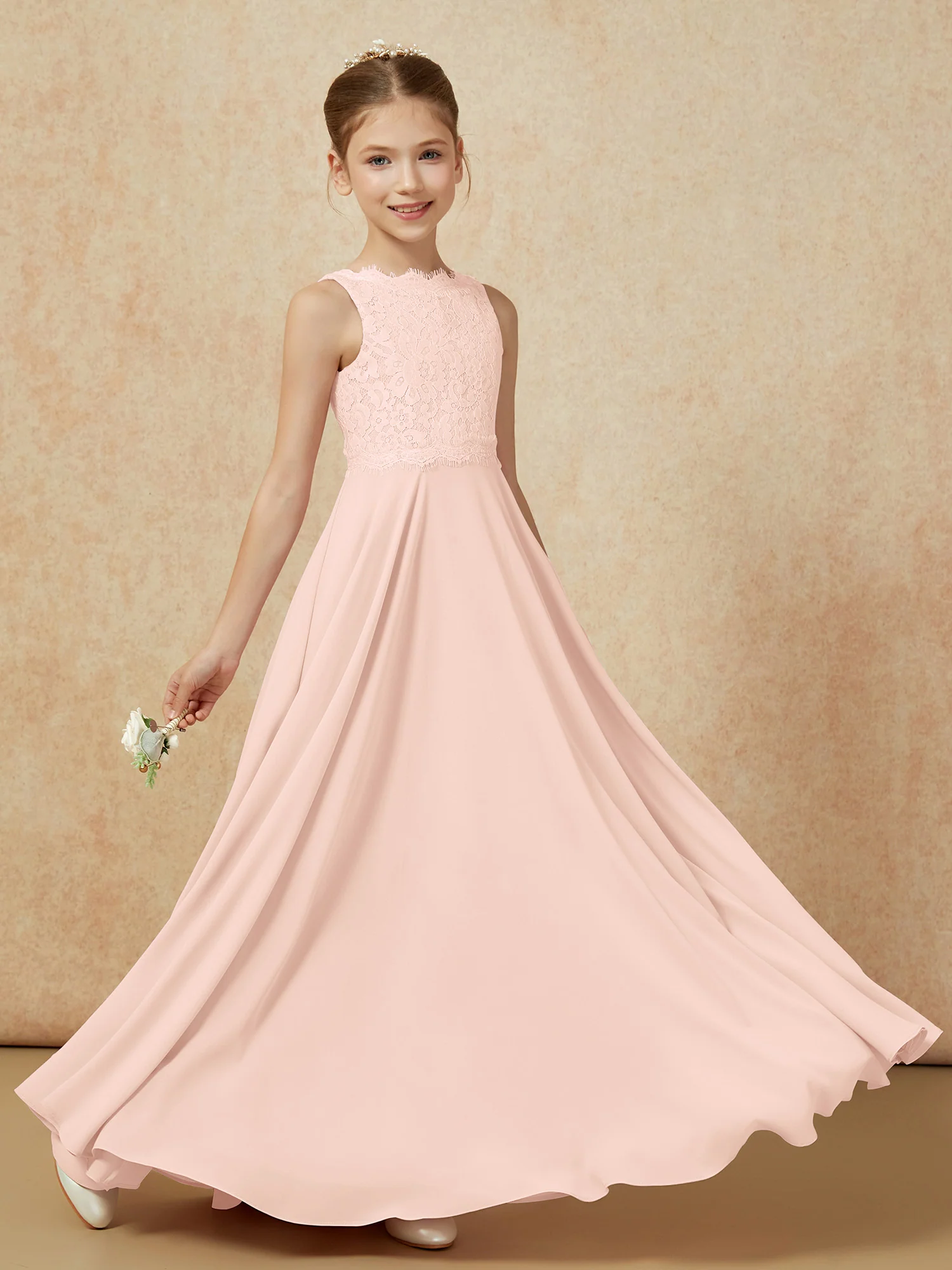 Bateau A-line Floor-length Chiffon Junior Bridesmaid Dress Pearl Pink - Image 6