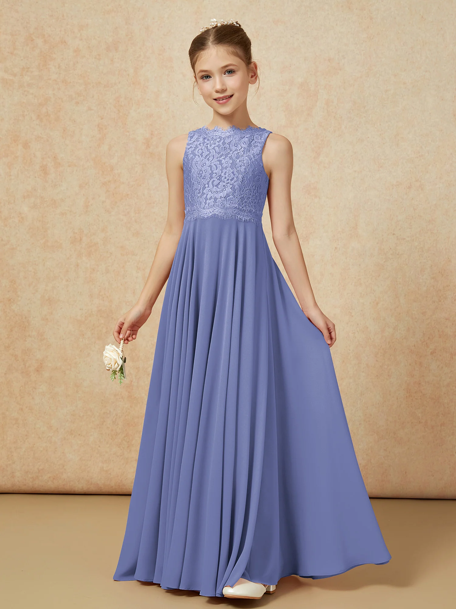 Bateau A-line Floor-length Chiffon Junior Bridesmaid Dress Periwinkle - Image 3