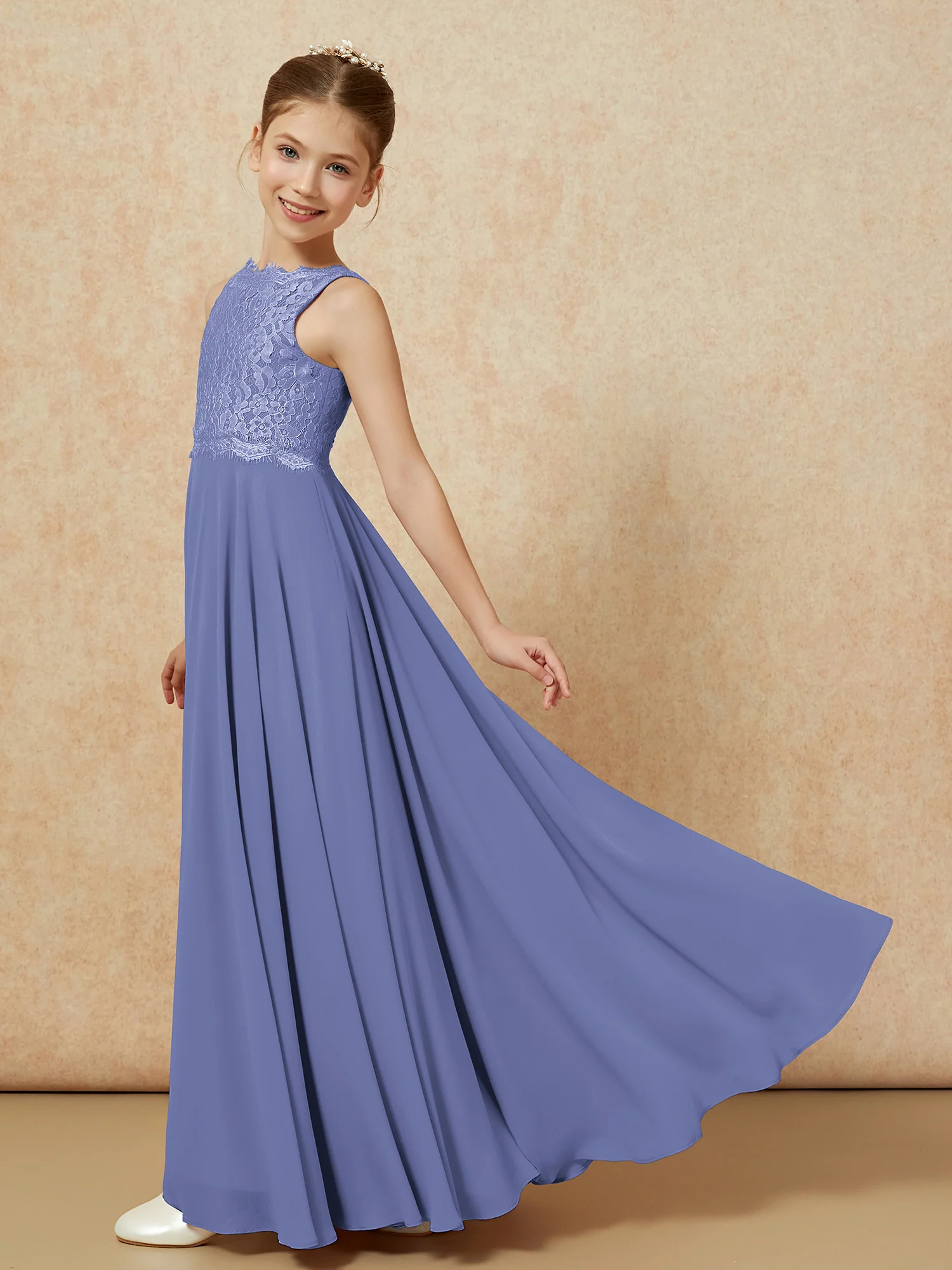 Bateau A-line Floor-length Chiffon Junior Bridesmaid Dress Periwinkle - Image 4