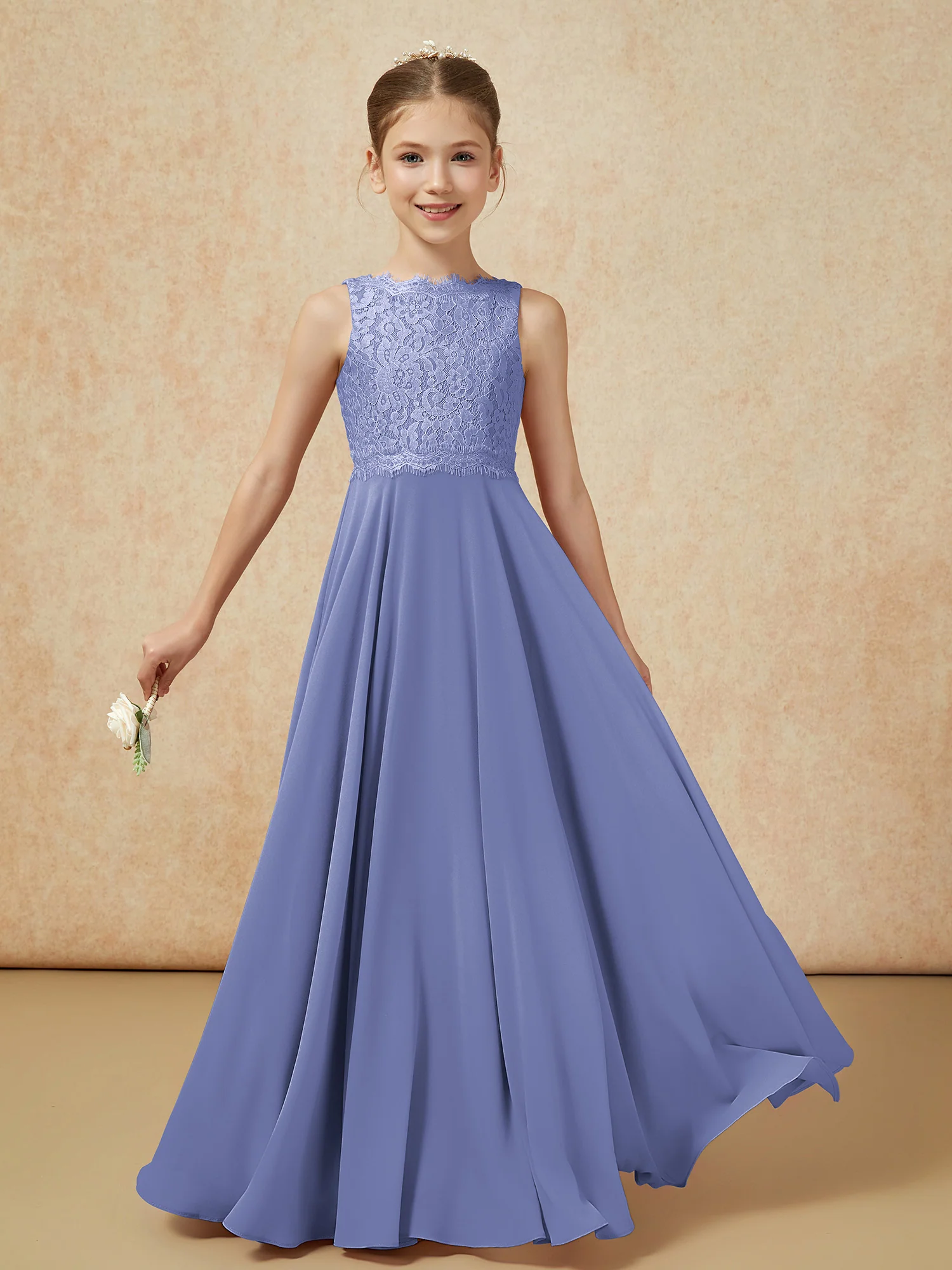 Bateau A-line Floor-length Chiffon Junior Bridesmaid Dress Periwinkle - Image 5