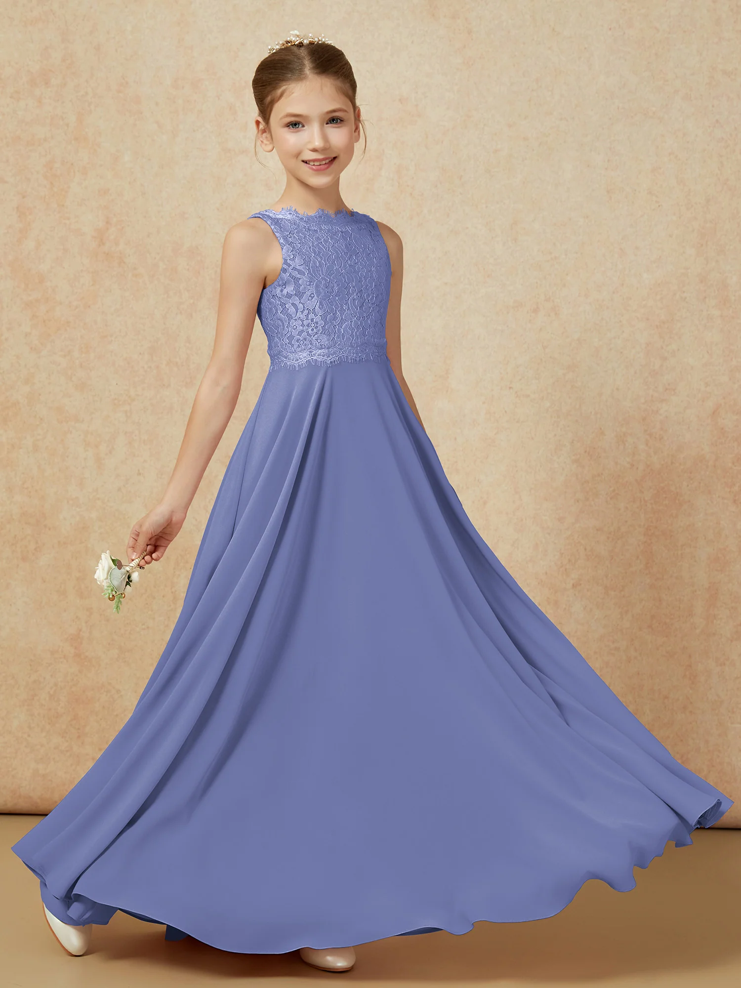 Bateau A-line Floor-length Chiffon Junior Bridesmaid Dress Periwinkle - Image 6