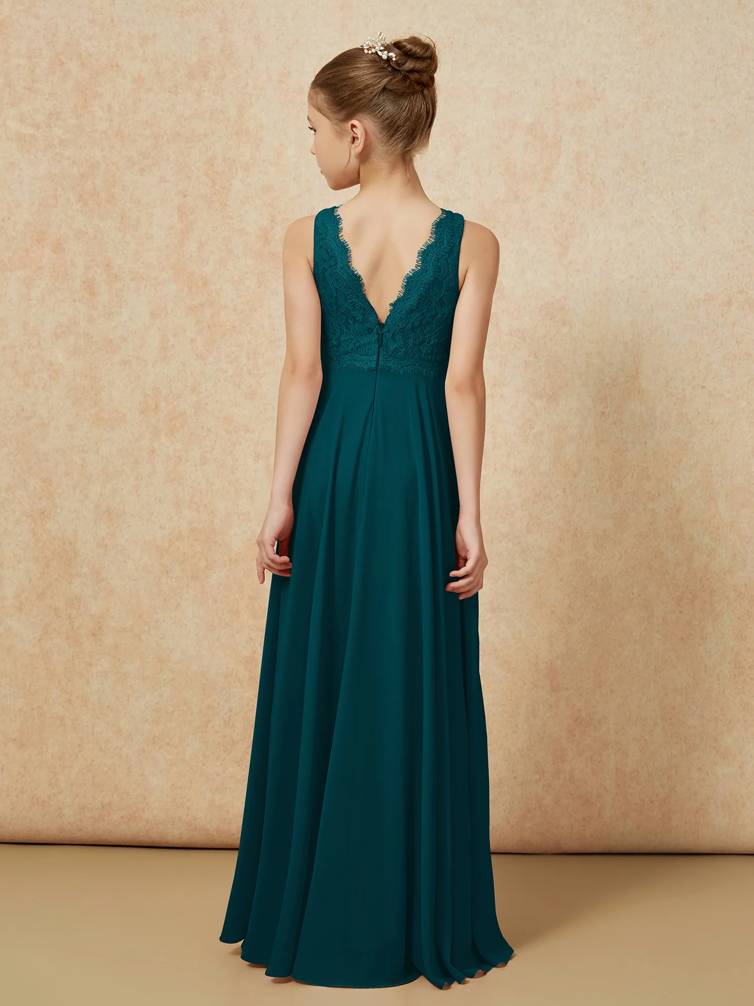 Bateau A-line Floor-length Chiffon Junior Bridesmaid Dress Pine - Image 2