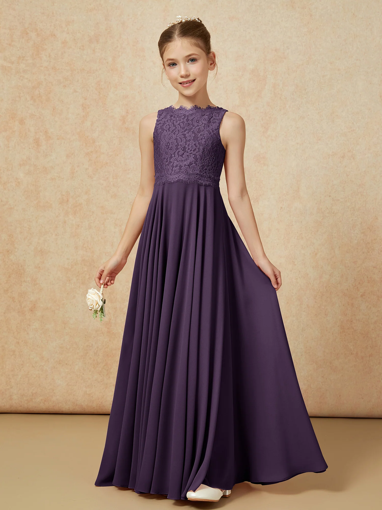 Bateau A-line Floor-length Chiffon Junior Bridesmaid Dress Plum - Image 3