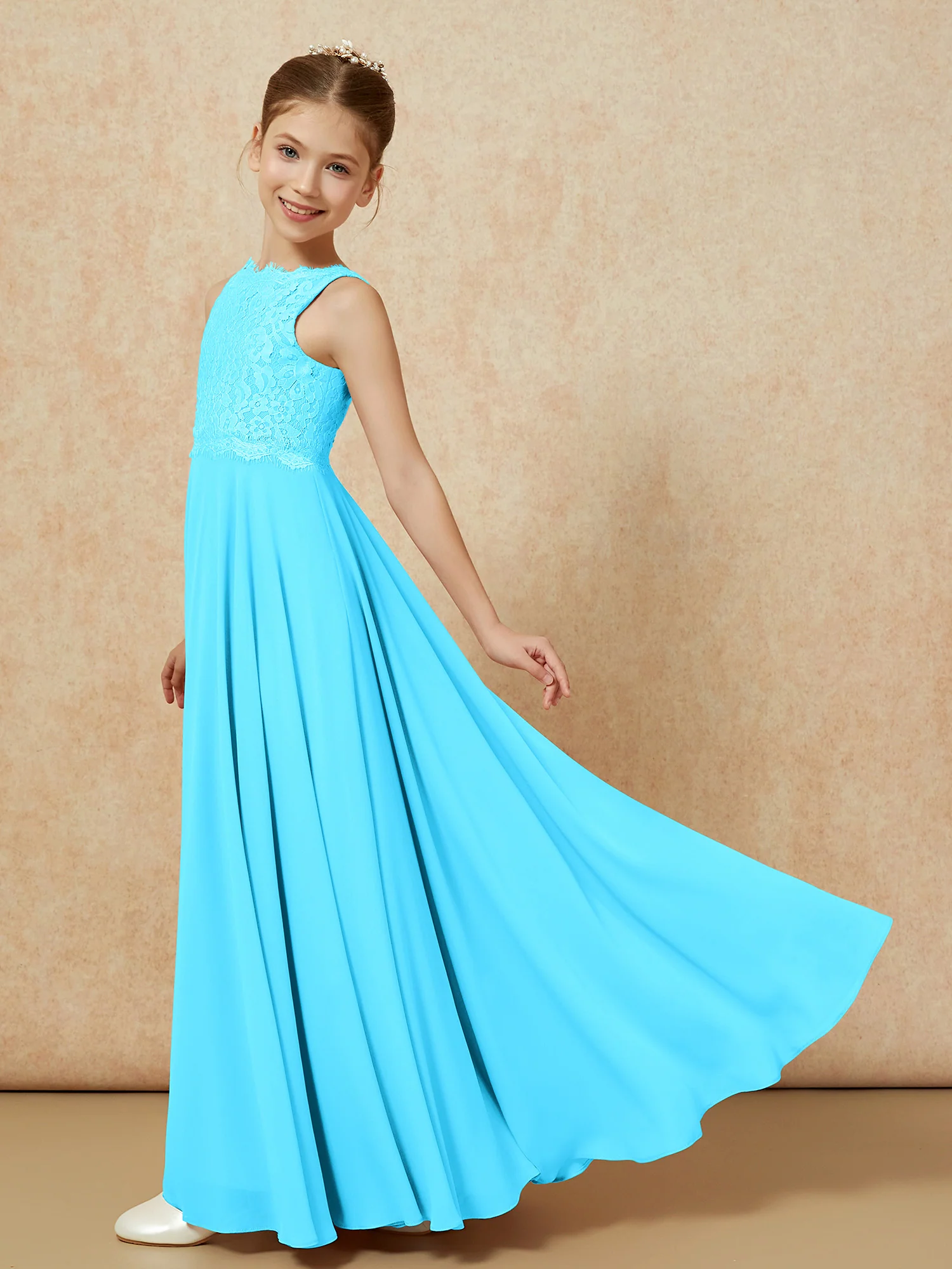 Bateau A-line Floor-length Chiffon Junior Bridesmaid Dress Pool - Image 4