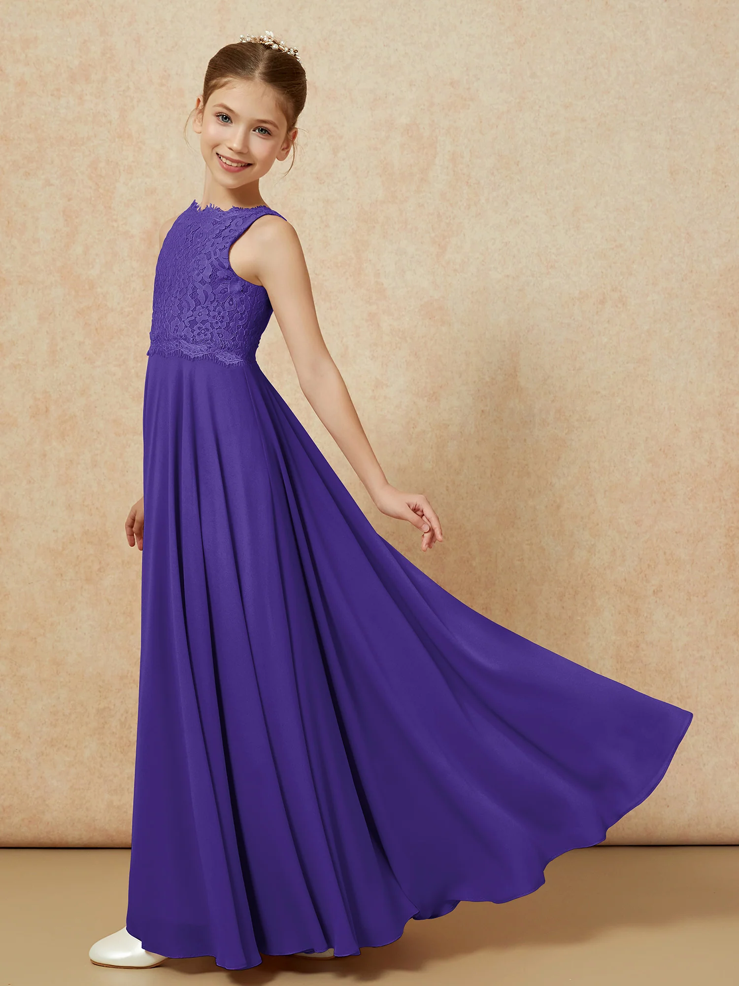Bateau A-line Floor-length Chiffon Junior Bridesmaid Dress Regency - Image 4