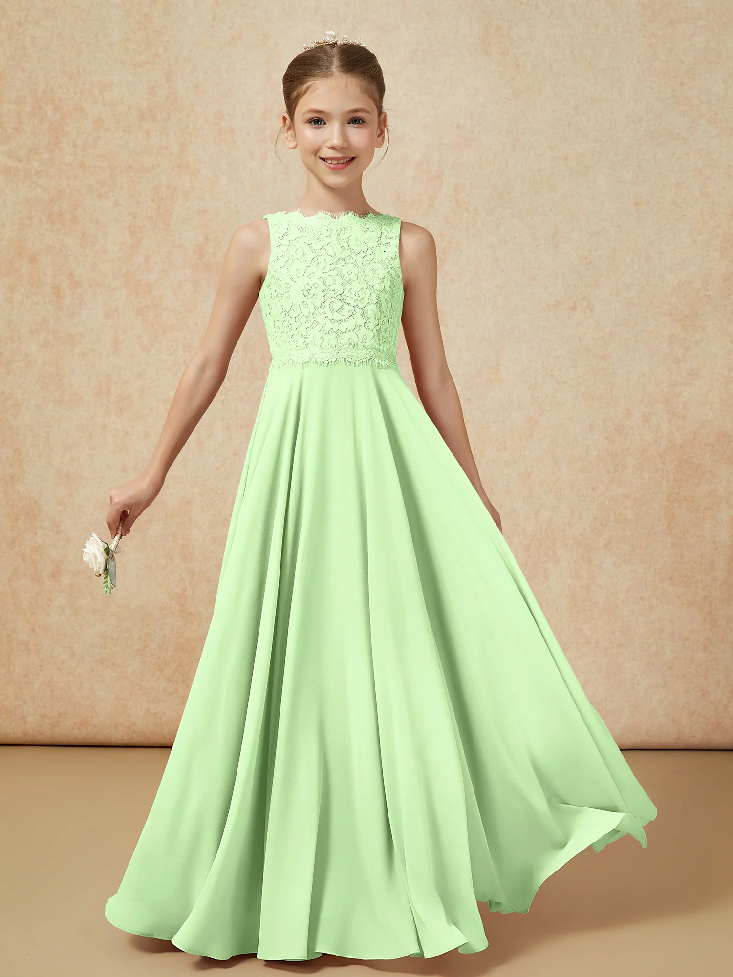 Bateau A-line Floor-length Chiffon Junior Bridesmaid Dress Sage - Image 5