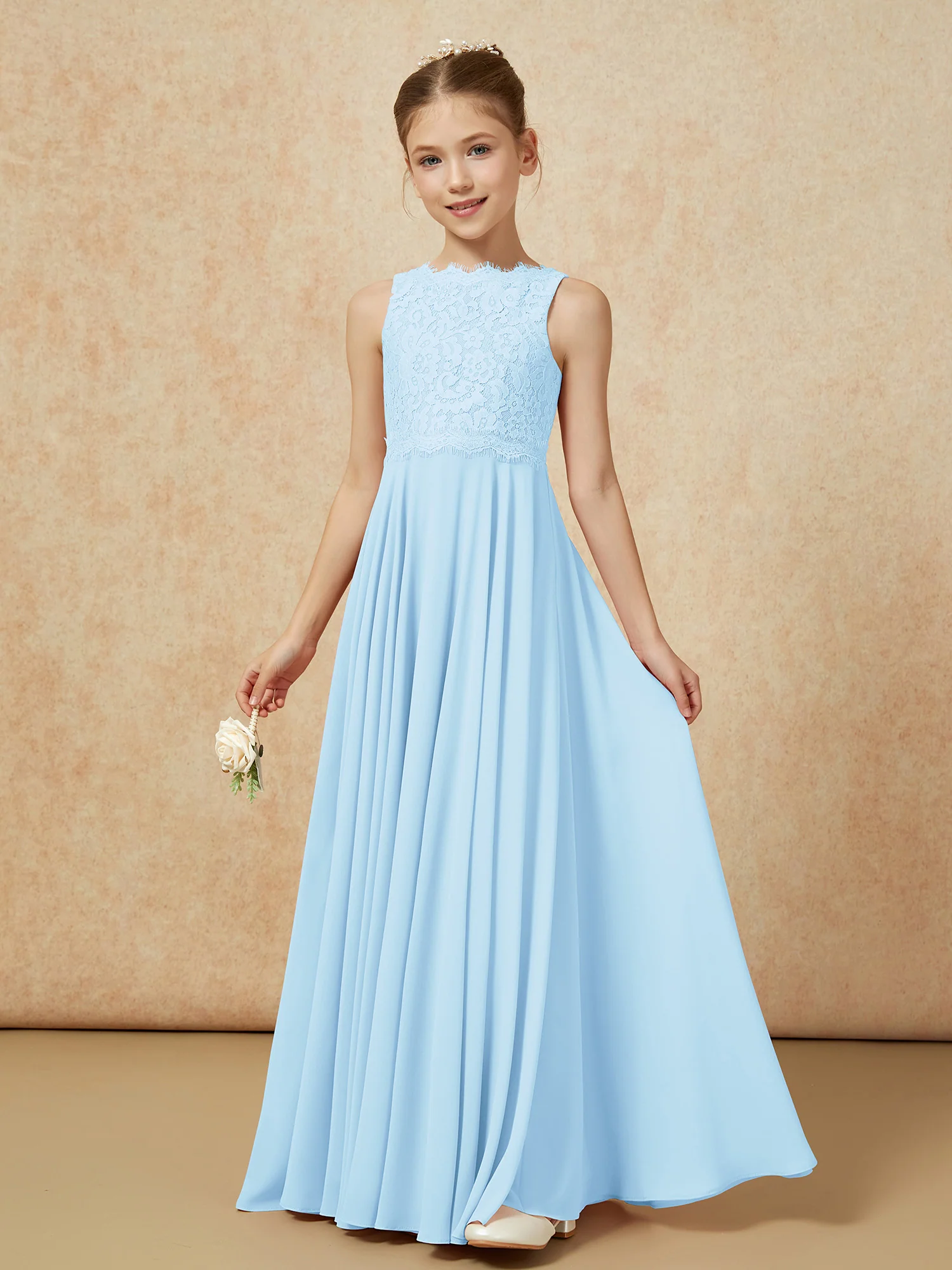 Bateau A-line Floor-length Chiffon Junior Bridesmaid Dress Sky Blue - Image 3