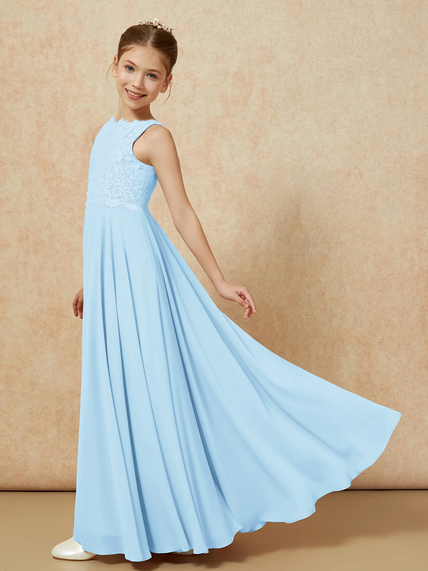Bateau A-line Floor-length Chiffon Junior Bridesmaid Dress Sky Blue - Image 4
