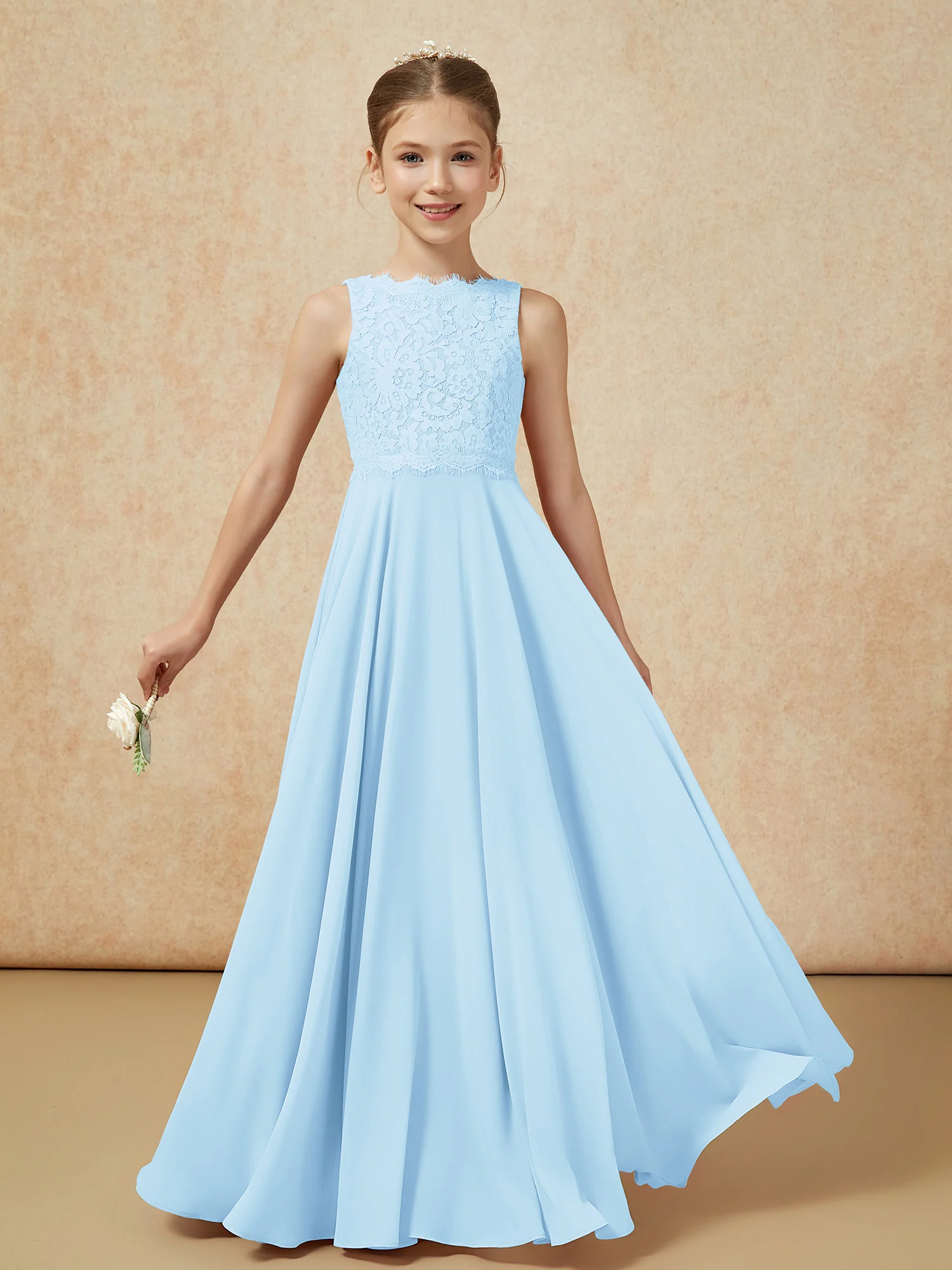 Bateau A-line Floor-length Chiffon Junior Bridesmaid Dress Sky Blue - Image 5