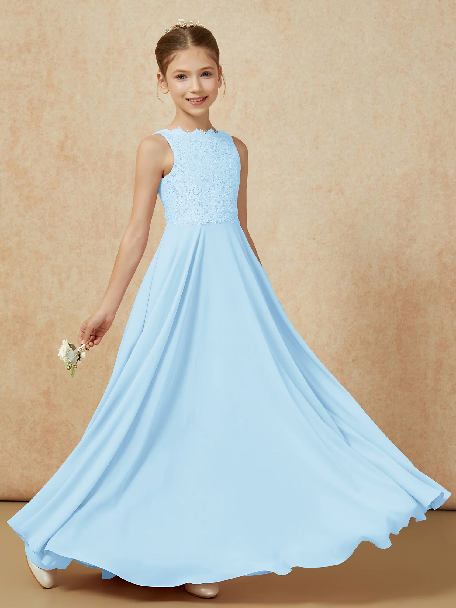 Bateau A-line Floor-length Chiffon Junior Bridesmaid Dress Sky Blue - Image 6