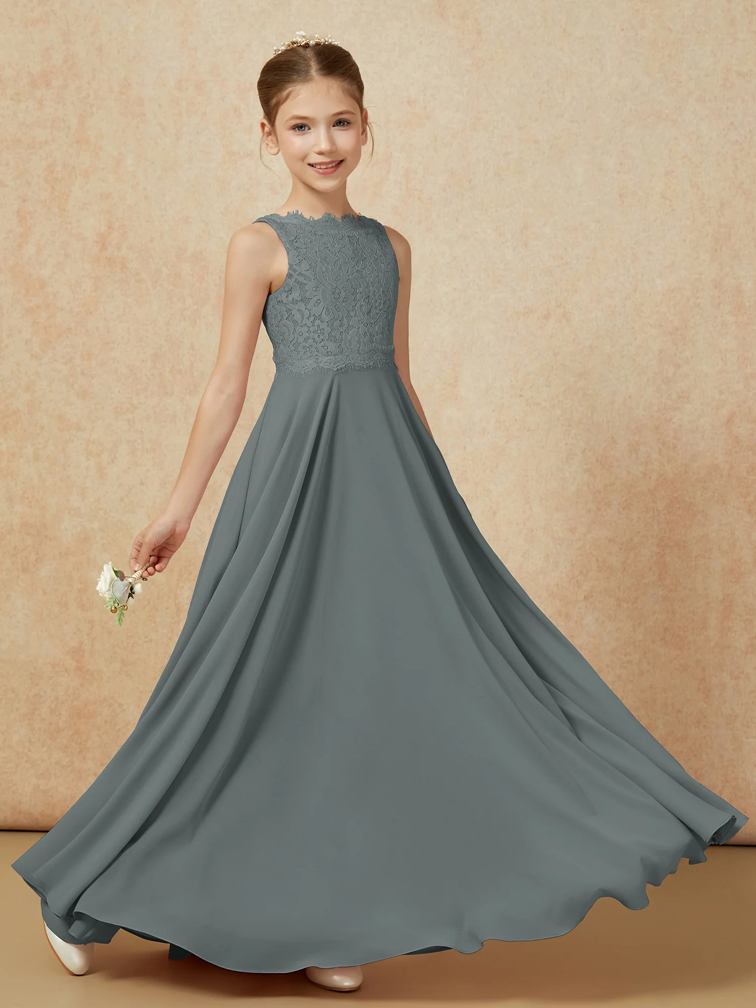 Bateau A-line Floor-length Chiffon Junior Bridesmaid Dress Steel Grey - Image 6