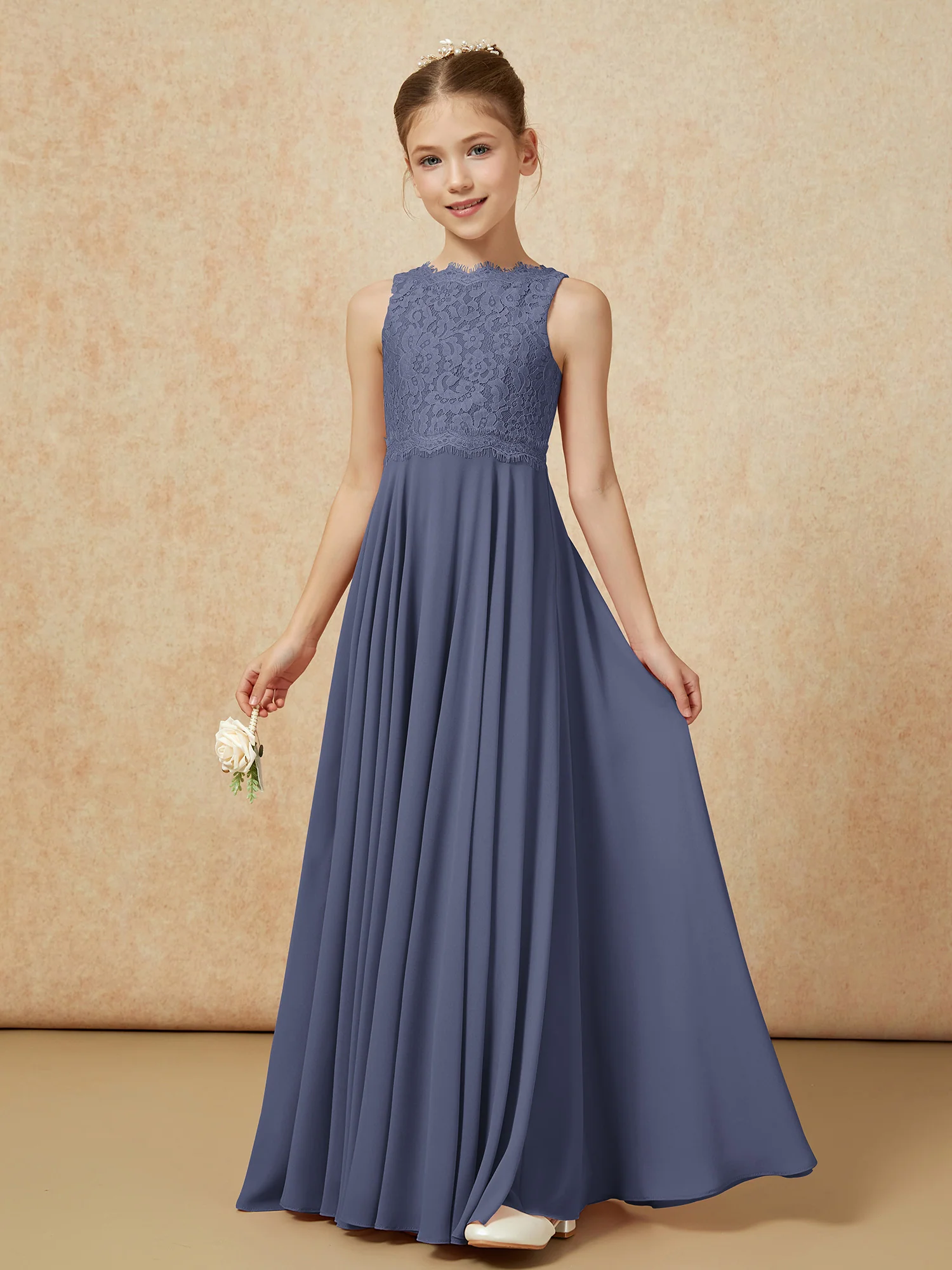Bateau A-line Floor-length Chiffon Junior Bridesmaid Dress Stormy - Image 3