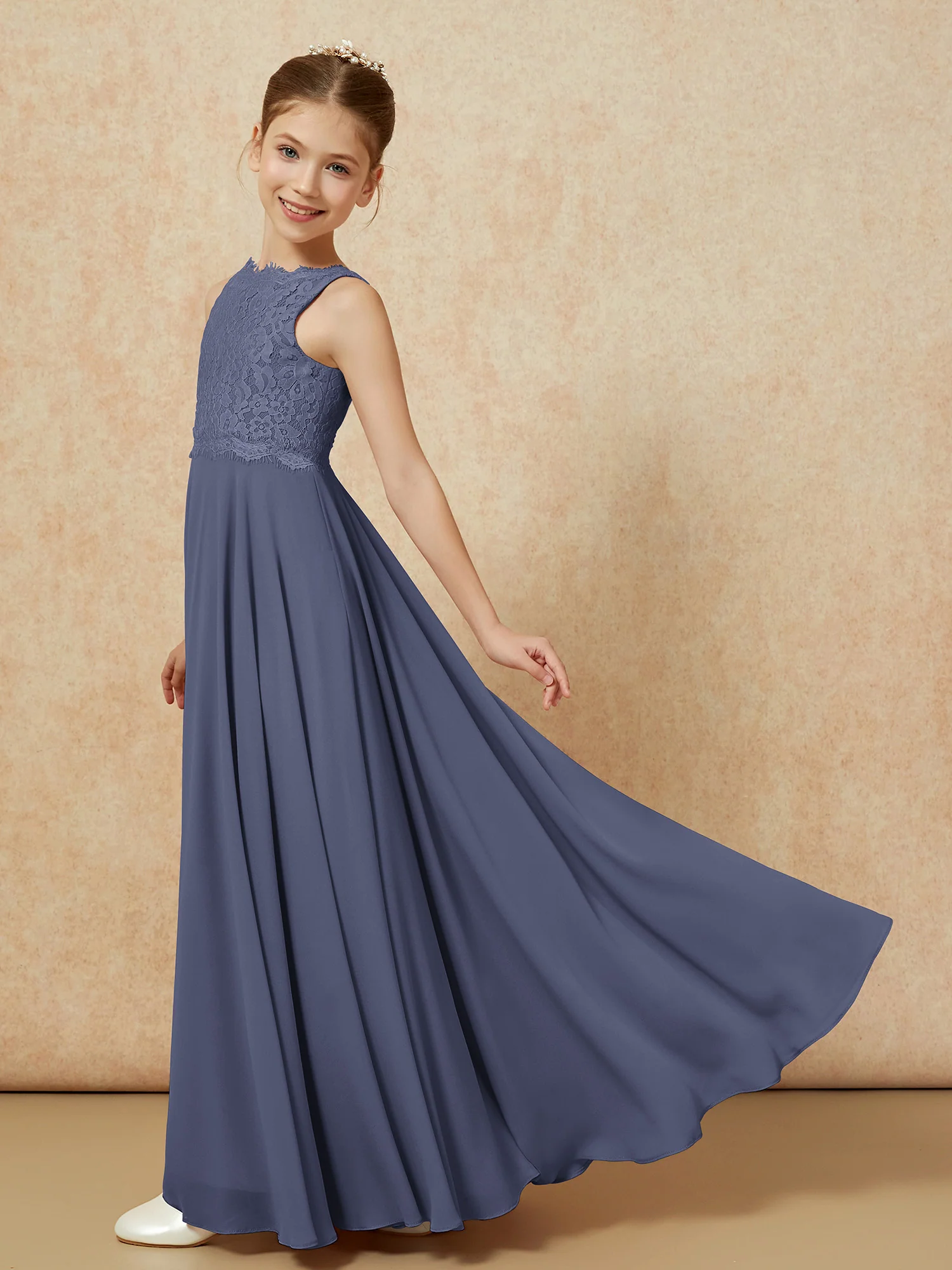 Bateau A-line Floor-length Chiffon Junior Bridesmaid Dress Stormy - Image 4