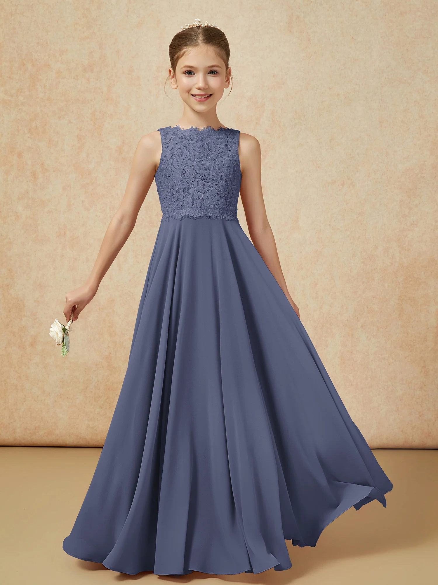 Bateau A-line Floor-length Chiffon Junior Bridesmaid Dress Stormy - Image 5